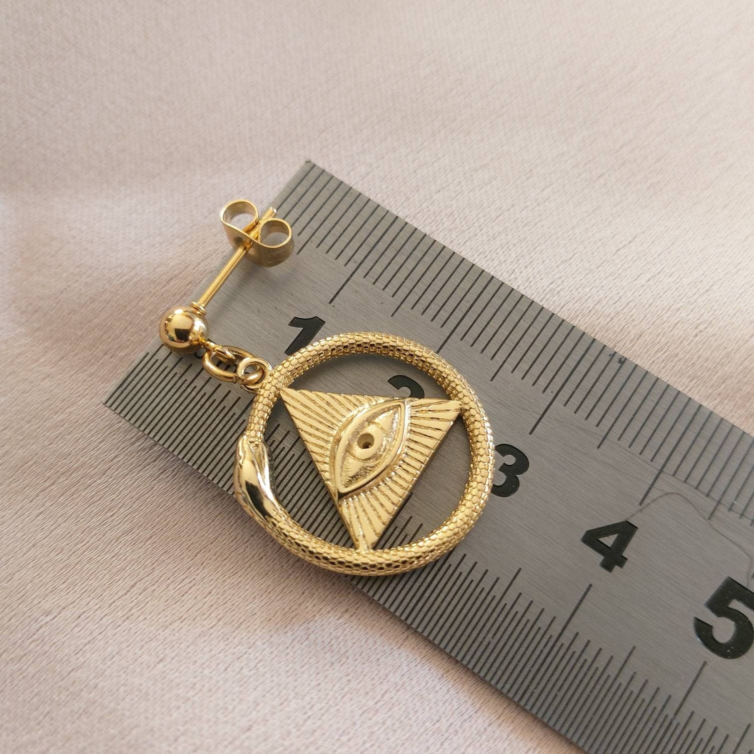 Gold snake earrings , ouroboros gold snake earrings , 3rd eye earrings , all seeing eye earrings , mystical earrings with all seeing eye