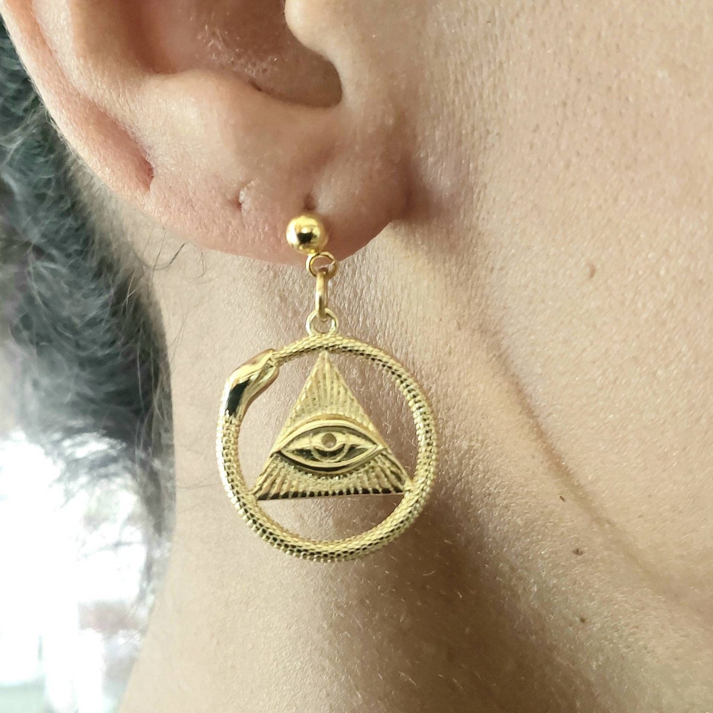 Gold snake earrings , ouroboros gold snake earrings , 3rd eye earrings , all seeing eye earrings , mystical earrings with all seeing eye