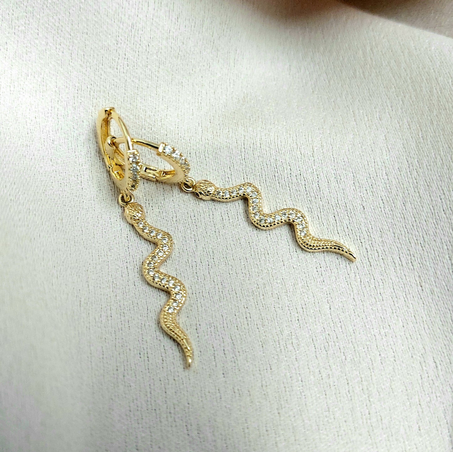 Gold snake earrings with cubic zirconia , snake earrings , waterproof earrings , gold filled snake earrings , cz gold drop serpent earrings