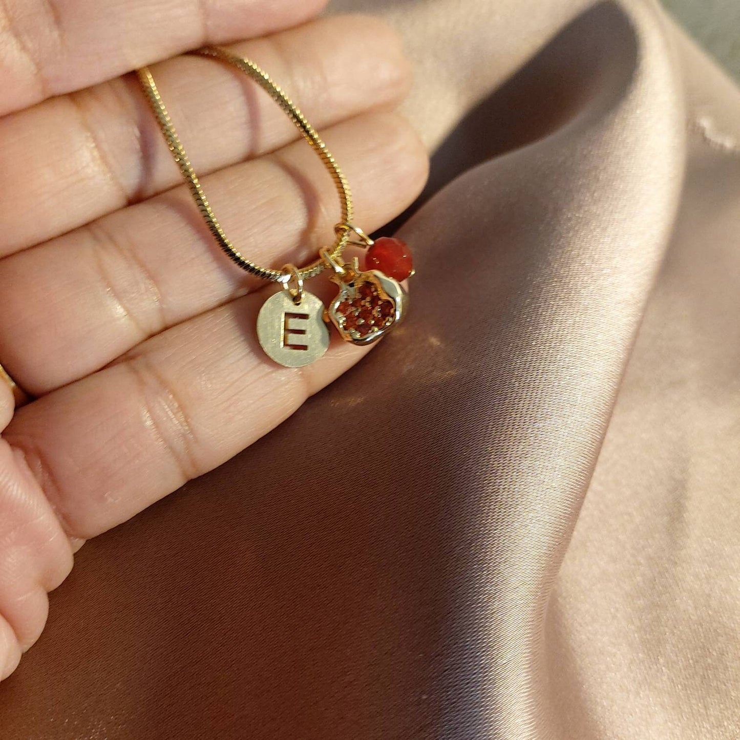 Carnelian necklace personalized initial with pomegranate , Carnelian pendant , fertility and abundance necklace , custom initial necklace