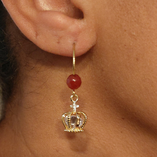 Carnelian earrings with crown charm and cubic zirconia , gold earrings , statement earrings , Crown dangle earrings with Carnelian