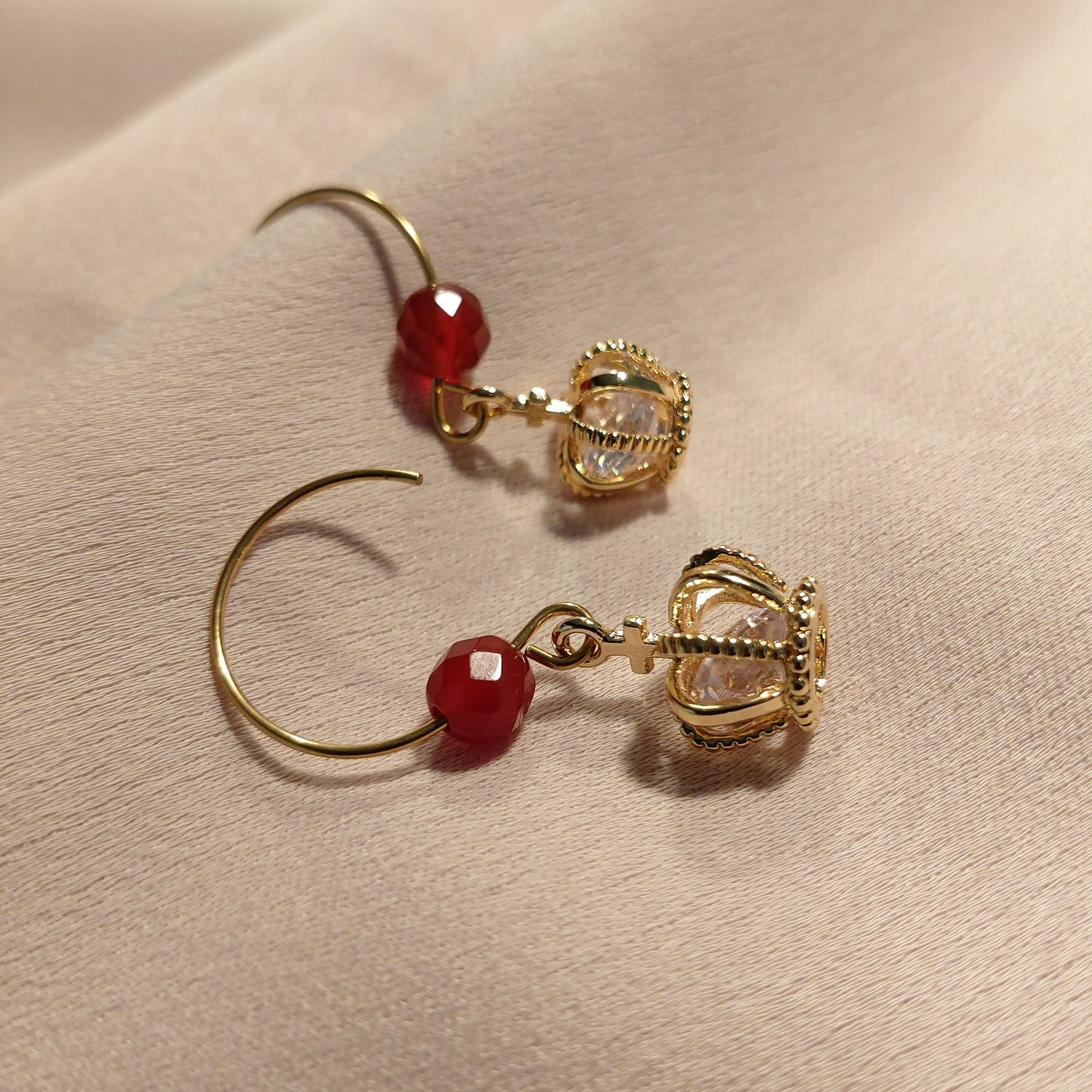 Carnelian earrings with crown charm and cubic zirconia , gold earrings , statement earrings , Crown dangle earrings with Carnelian