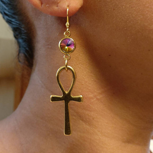 Ankh earrings , Big Ankh drop earrings with cubic zirconia , dangle statement ankh earrings, Egyptian ankh earrings , birsthstone ankh