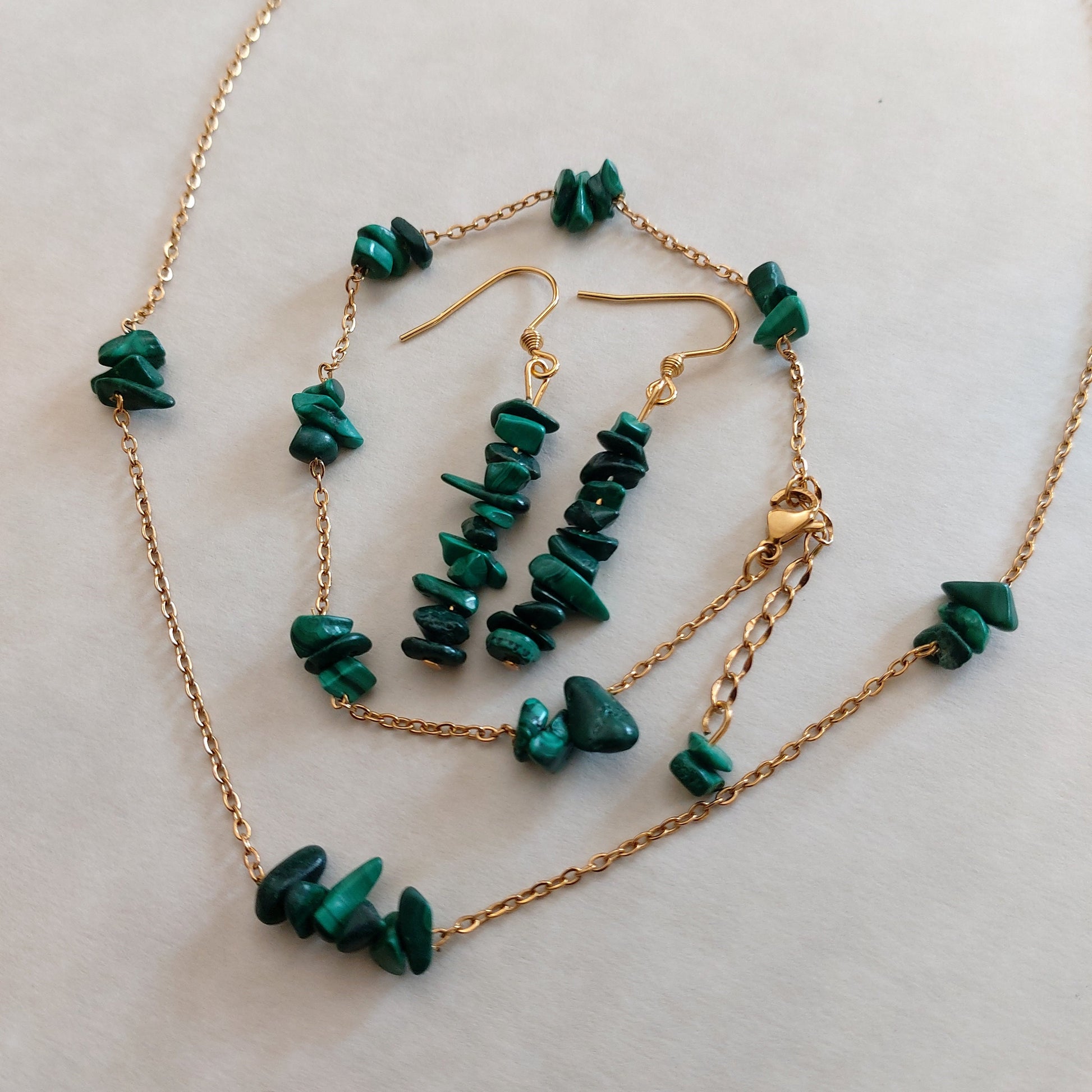 Malachite bracelet necklace and earrings set