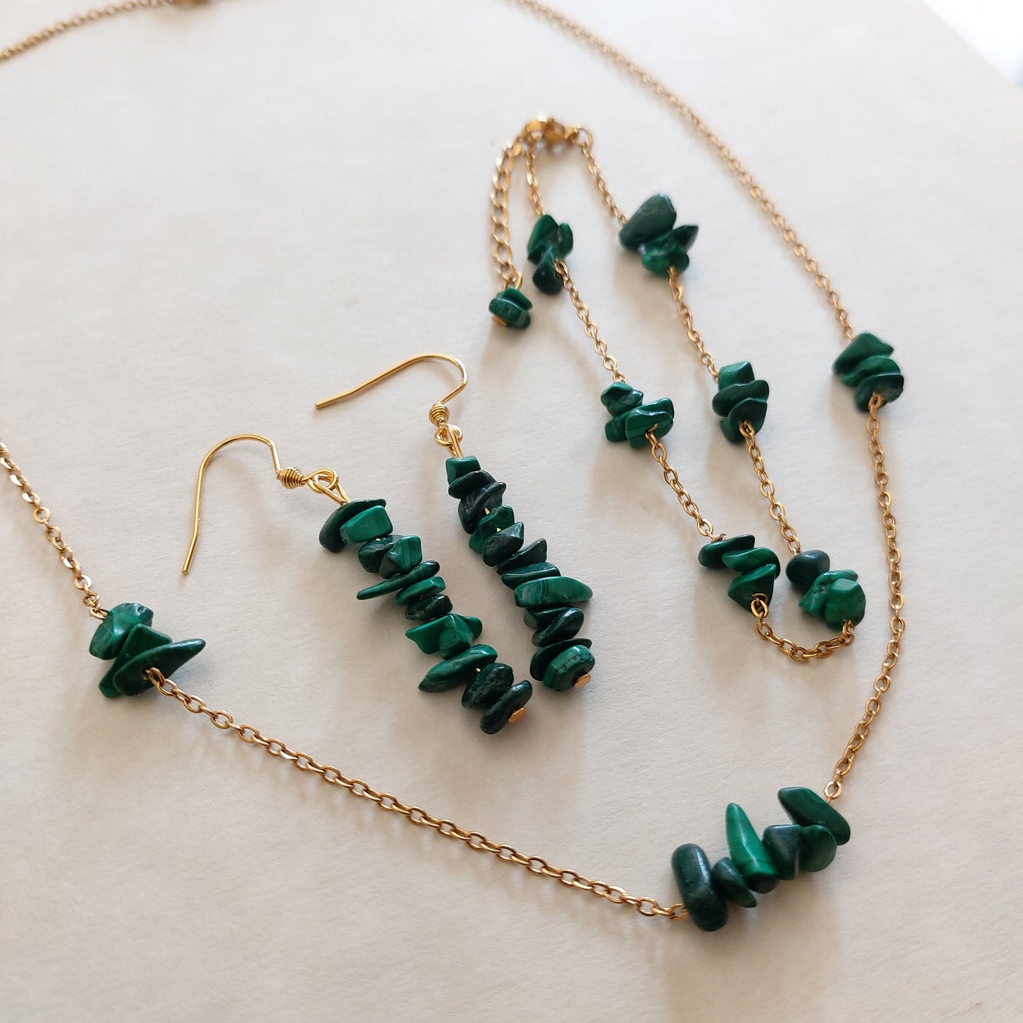 Malachite bracelet with gold filled chain waterproof , Healing bracelet heart and throat Chakra , Malachite necklace and earrings set