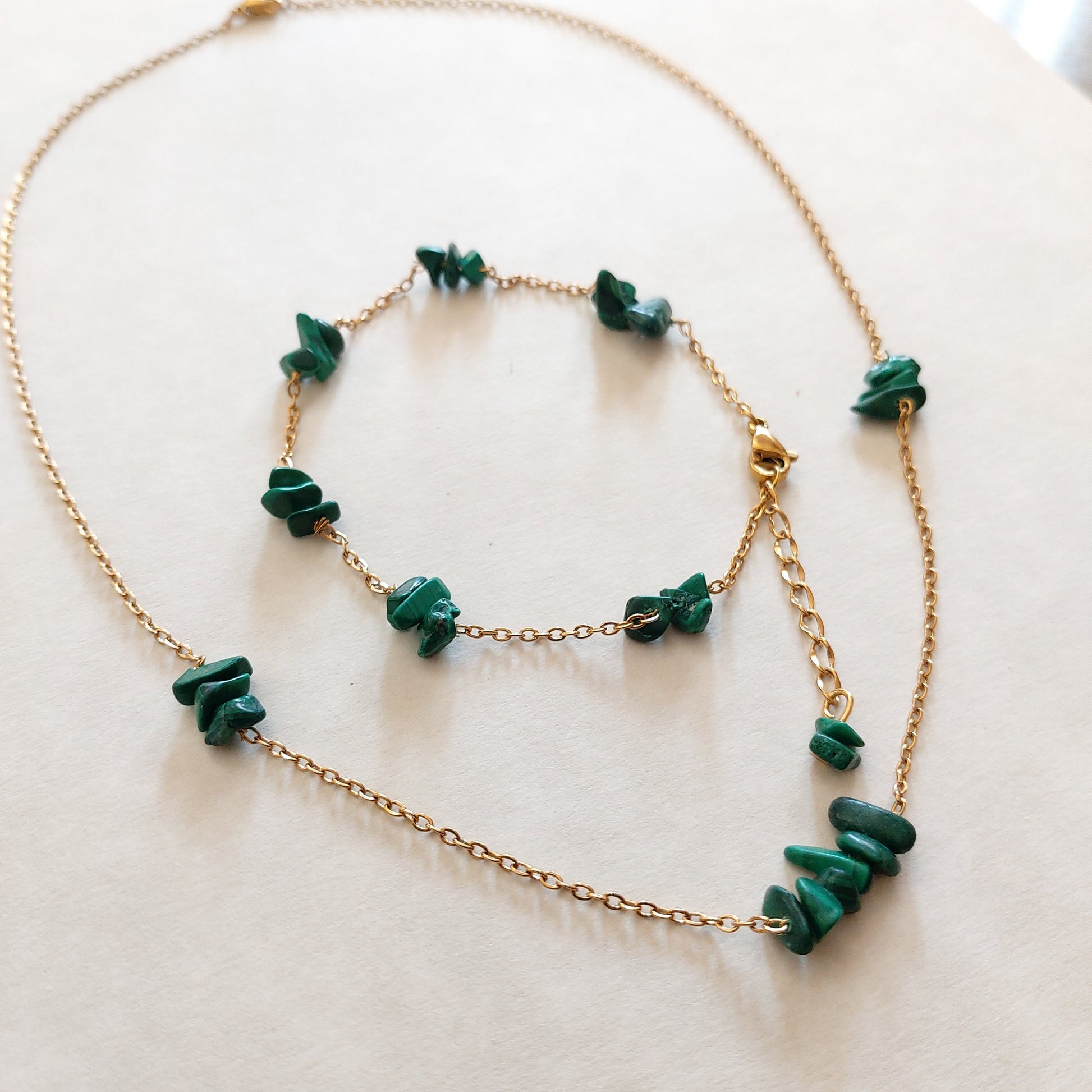 Malachite bracelet necklace and earrings set