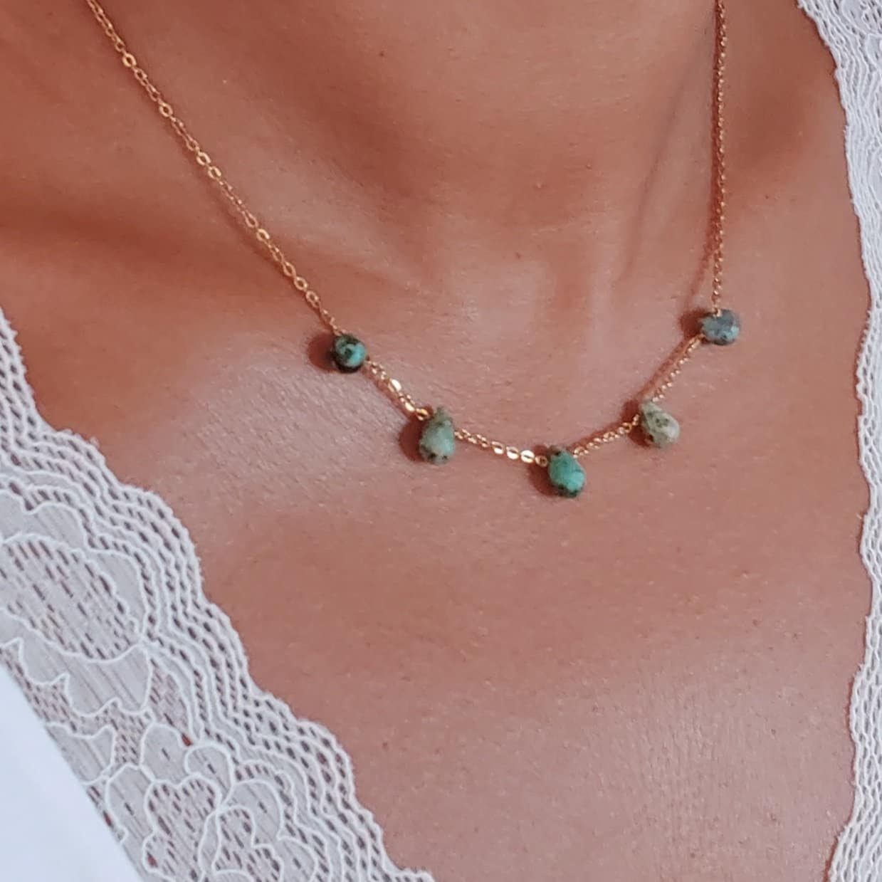 Turquoise necklace for women , African Turquoise Dainty chain necklace , Gemstone healing necklace gift for her