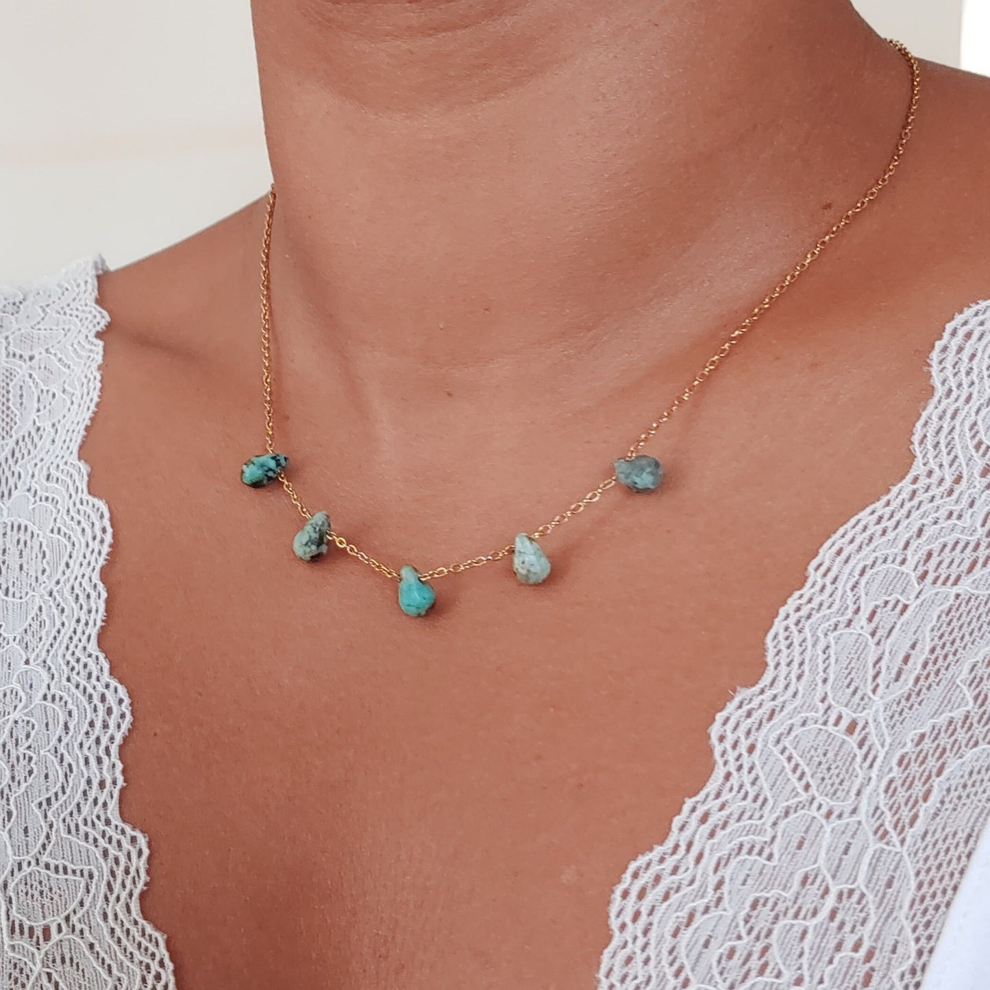 Turquoise necklace for women , African Turquoise Dainty chain necklace , Gemstone healing necklace gift for her