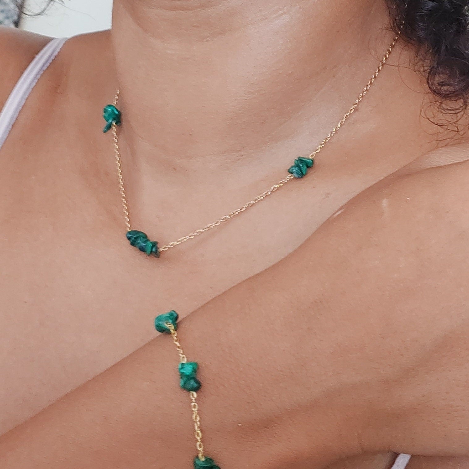 Malachite bracelet with gold filled chain waterproof , Healing bracelet heart and throat Chakra , Malachite necklace and earrings set