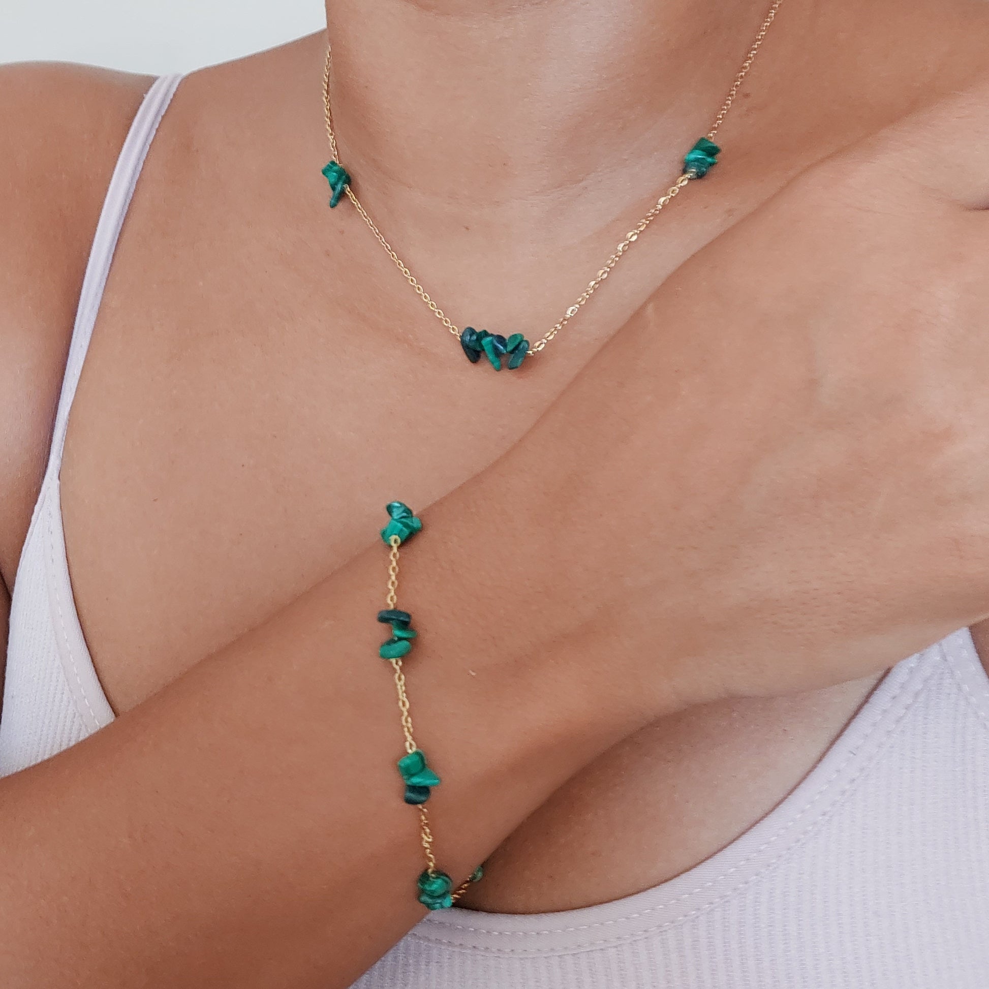 Malachite bracelet necklace and earrings set