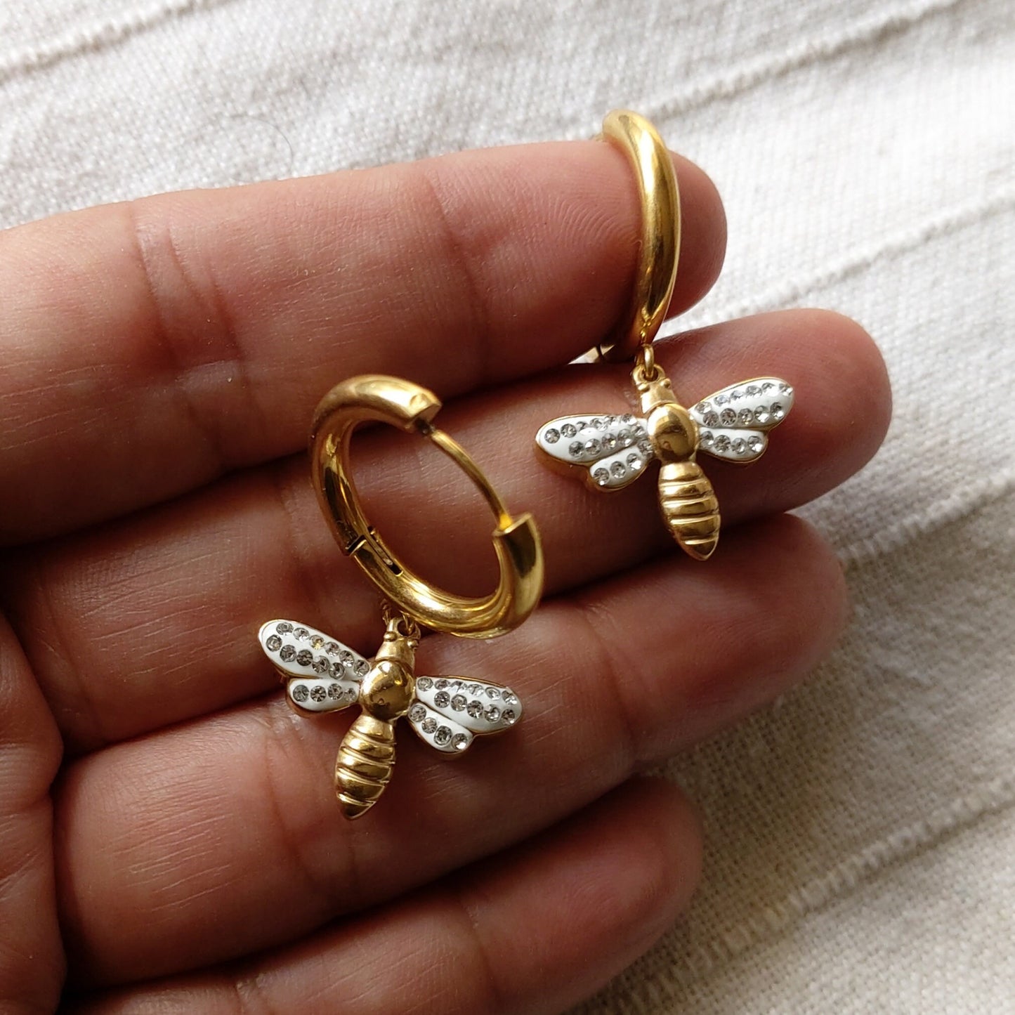 Bee earrings dangle gold filled cubic zirconia , Bee earrings , gold filled bee earnings , Honey bee earrings , gold hoop bee earrings