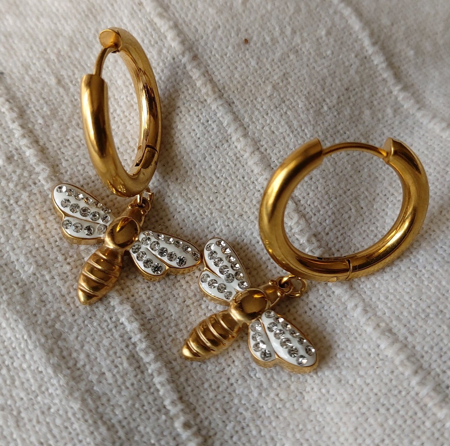 Bee earrings dangle gold filled cubic zirconia , Bee earrings , gold filled bee earnings , Honey bee earrings , gold hoop bee earrings