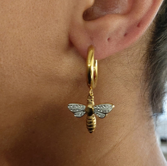 Bee earrings dangle gold filled cubic zirconia , Bee earrings , gold filled bee earnings , Honey bee earrings , gold hoop bee earrings