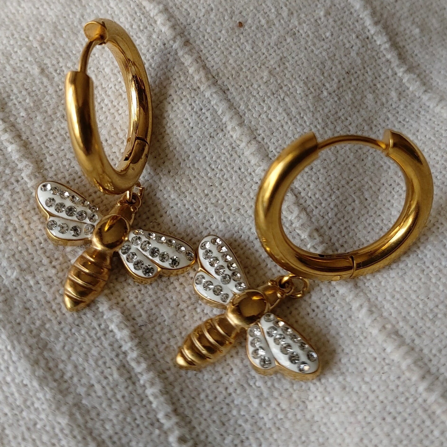 Bee earrings dangle gold filled cubic zirconia , Bee earrings , gold filled bee earnings , Honey bee earrings , gold hoop bee earrings