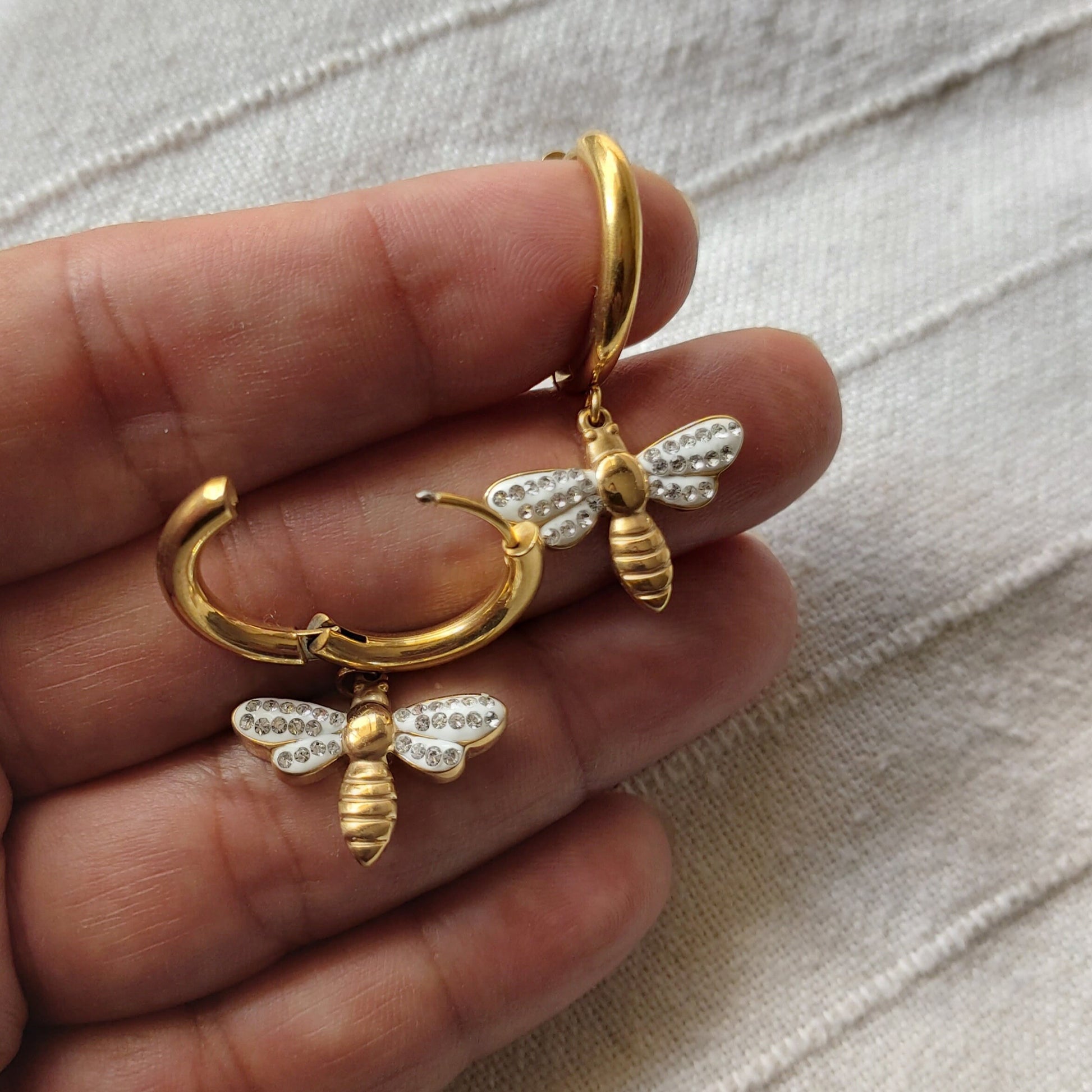 Bee earrings dangle gold filled cubic zirconia , Bee earrings , gold filled bee earnings , Honey bee earrings , gold hoop bee earrings