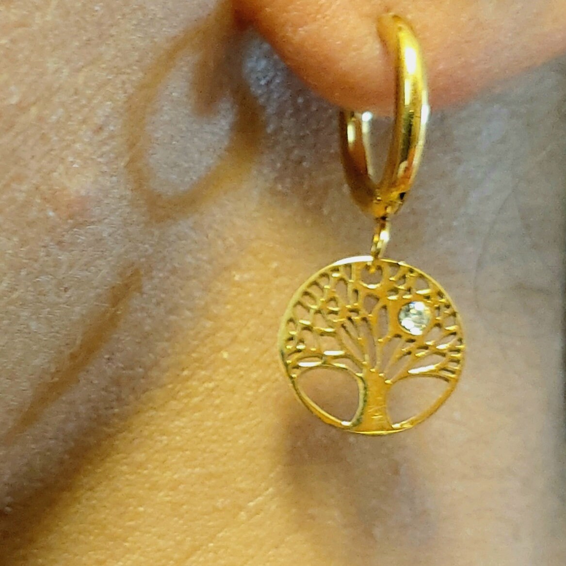 Tree of life earrings with Cubic Zirconia , Gold filled tree of life hoop earrings , Stainless steel Waterproof trees of life earrings