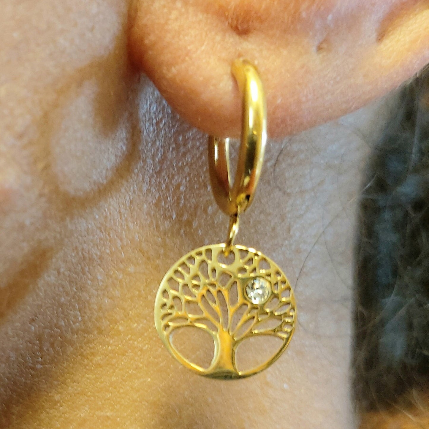 Tree of life earrings with Cubic Zirconia , Gold filled tree of life hoop earrings , Stainless steel Waterproof trees of life earrings