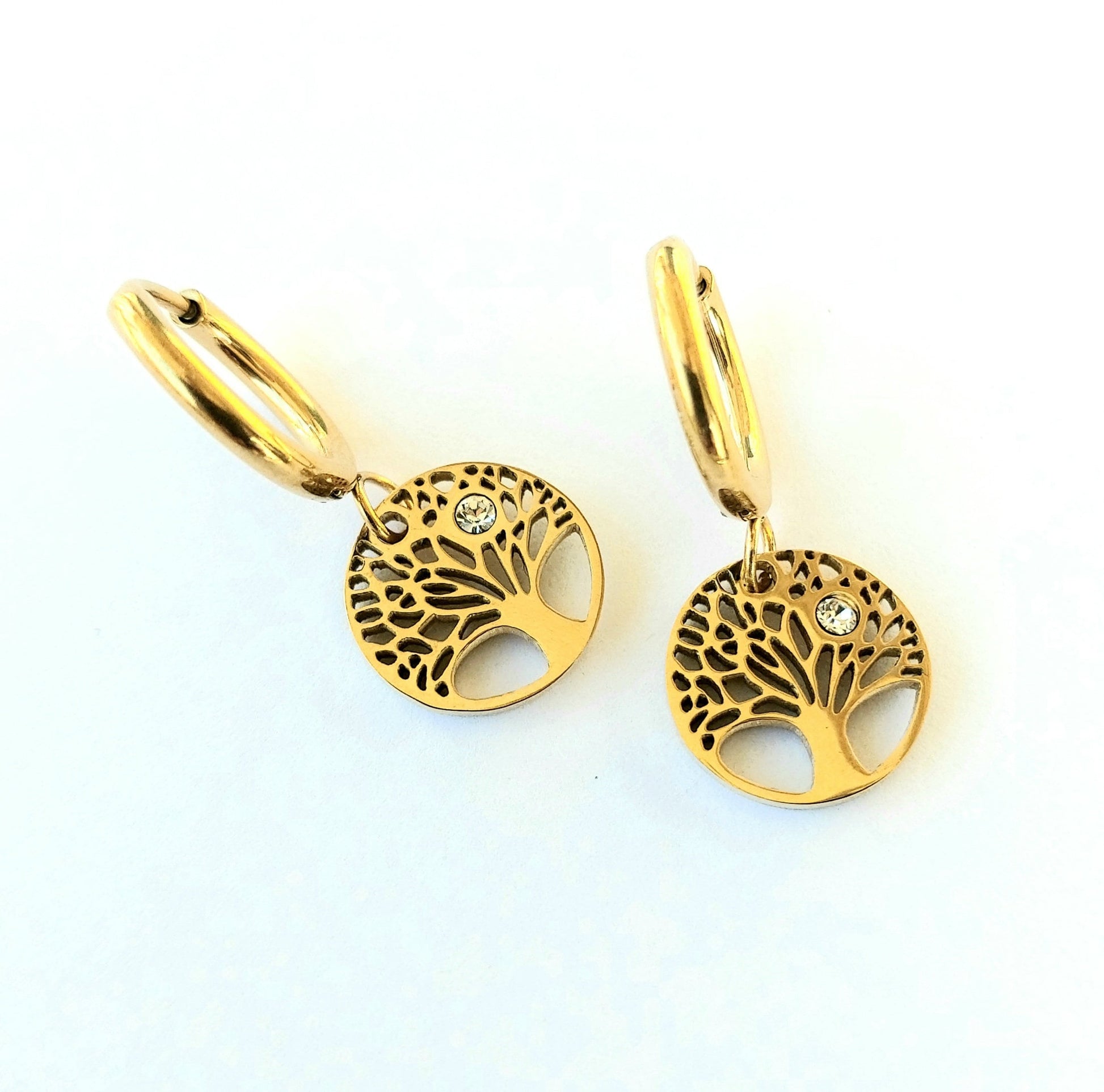 Tree of life earrings with Cubic Zirconia , Gold filled tree of life hoop earrings , Stainless steel Waterproof trees of life earrings