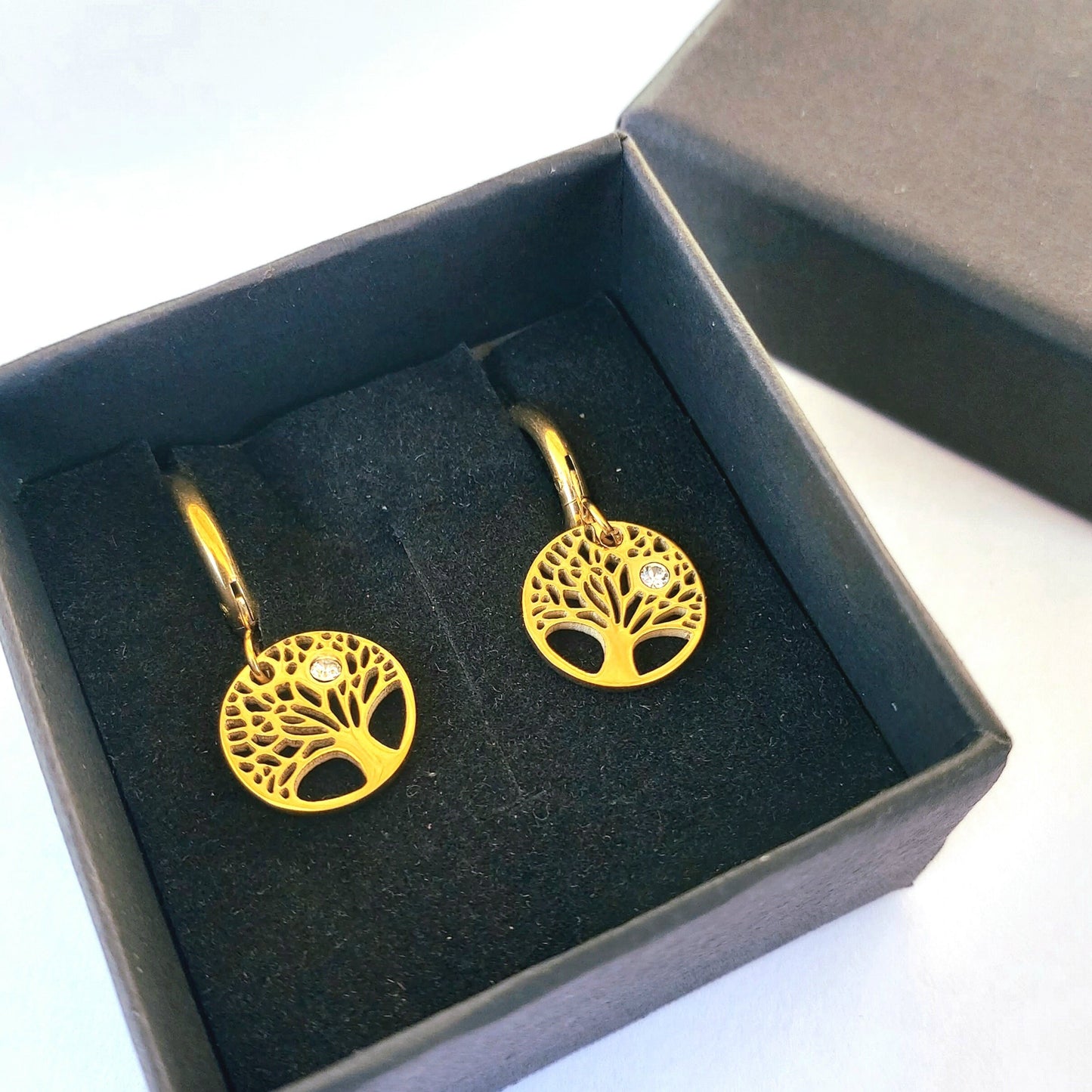 Tree of life earrings with Cubic Zirconia , Gold filled tree of life hoop earrings , Stainless steel Waterproof trees of life earrings