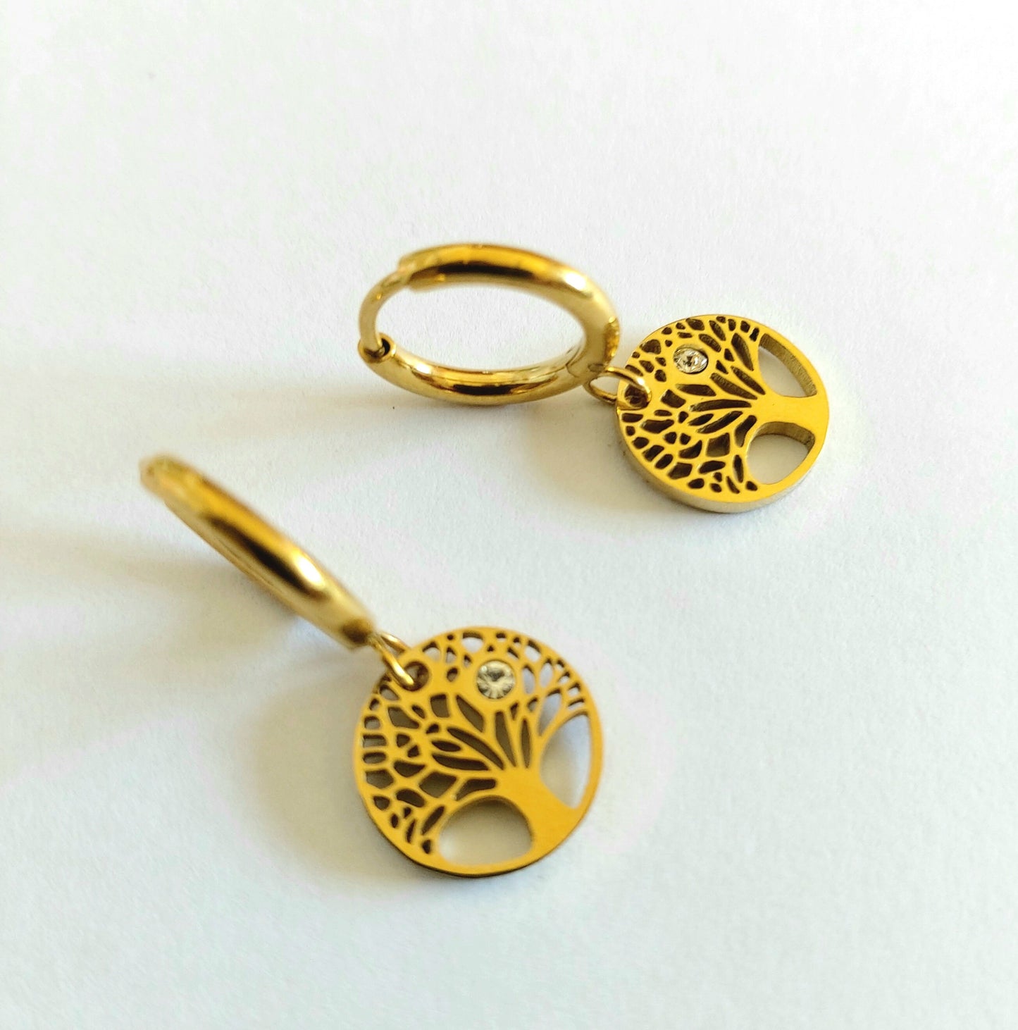 Tree of life earrings with Cubic Zirconia , Gold filled tree of life hoop earrings , Stainless steel Waterproof trees of life earrings