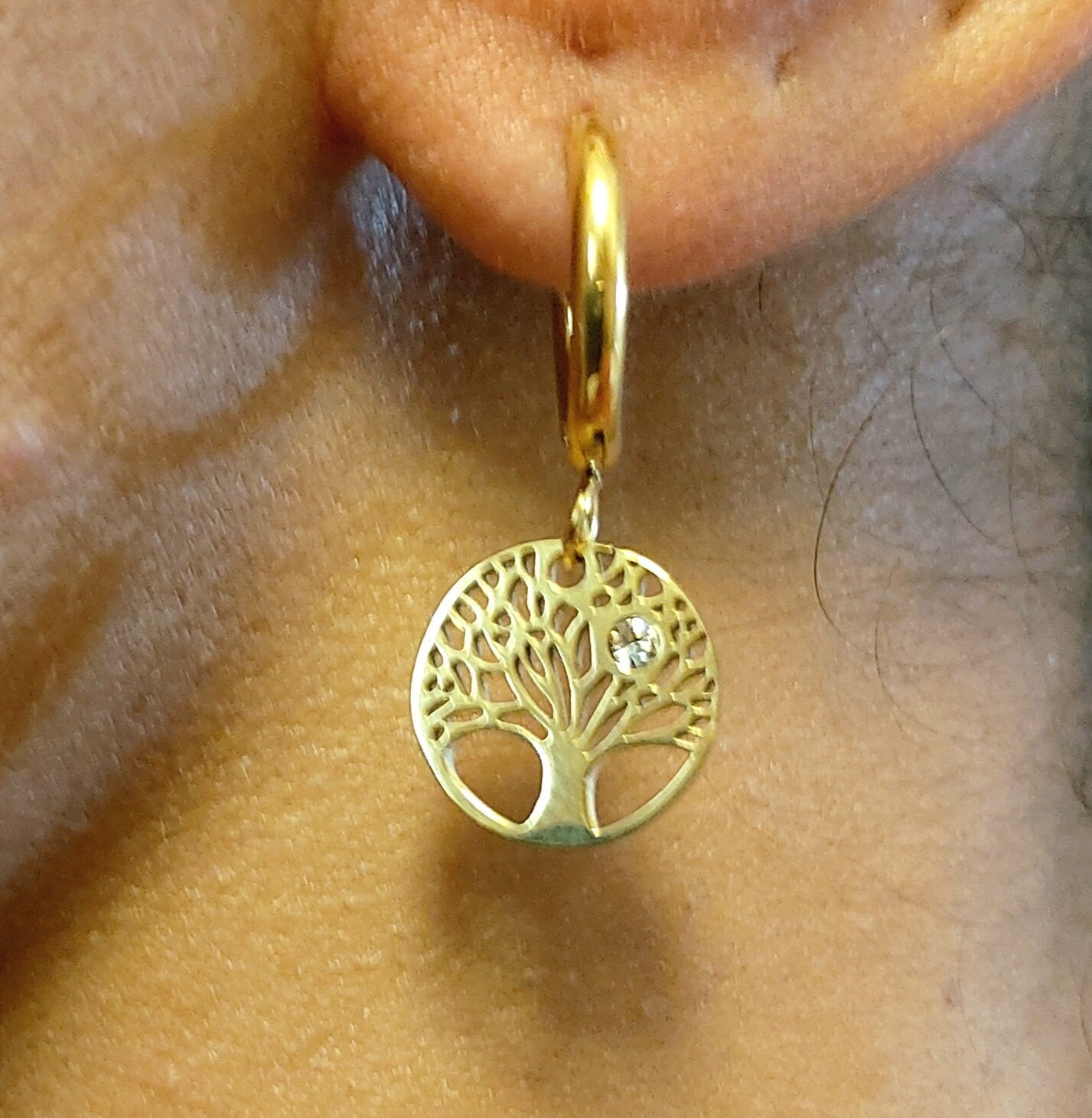 Tree of life earrings with Cubic Zirconia , Gold filled tree of life hoop earrings , Stainless steel Waterproof trees of life earrings