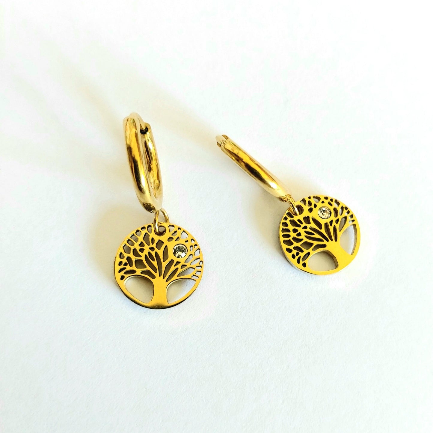 Tree of life earrings with Cubic Zirconia , Gold filled tree of life hoop earrings , Stainless steel Waterproof trees of life earrings