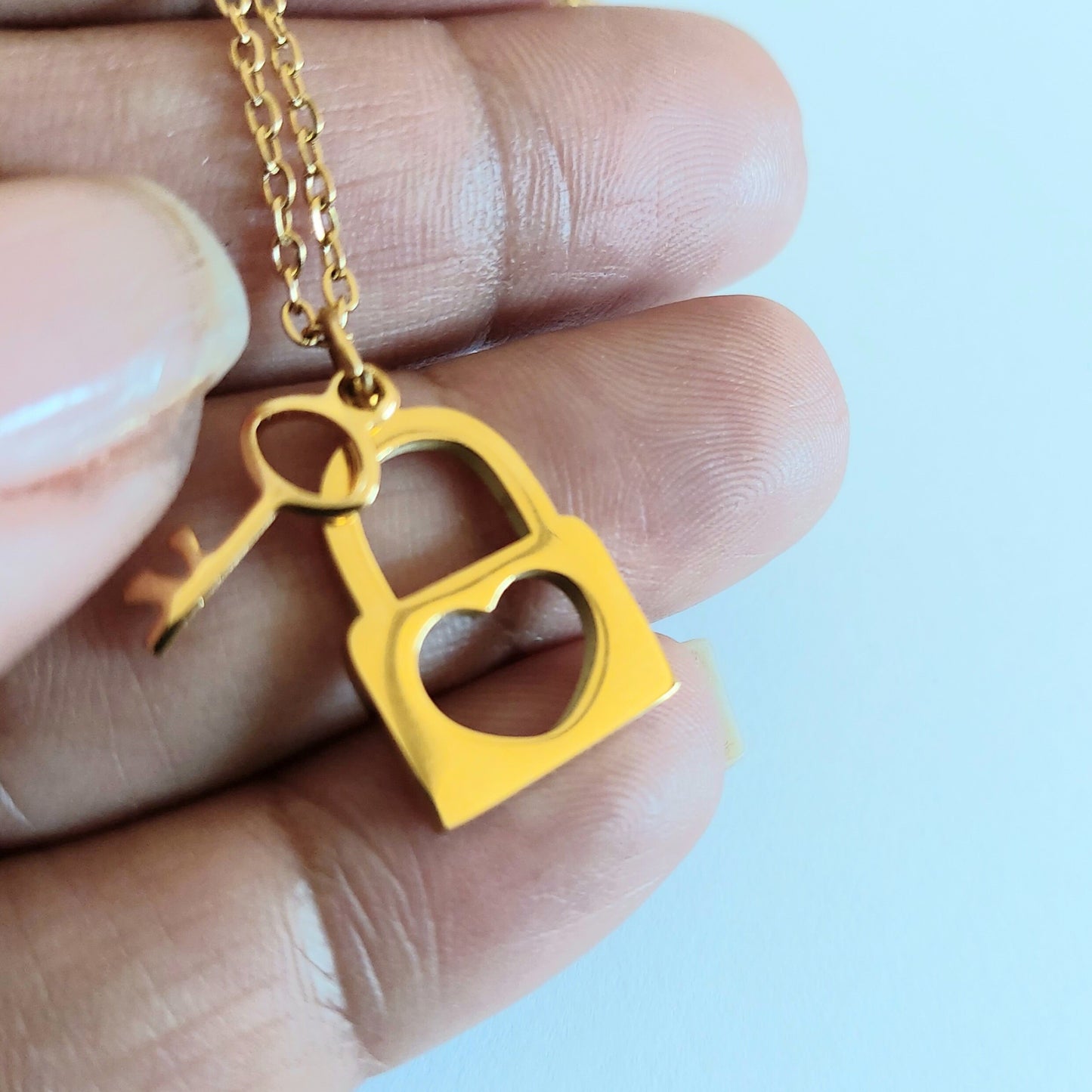 Lock and key gold filled stainless steel dainty necklace gift for her , Gold Padlock waterproof necklace