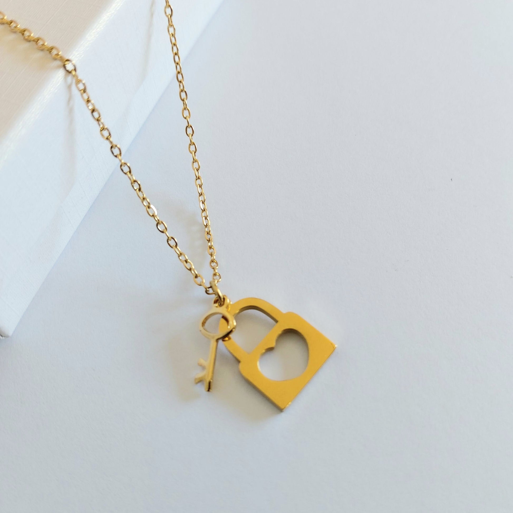 Lock and key gold filled stainless steel dainty necklace gift for her , Gold Padlock waterproof necklace