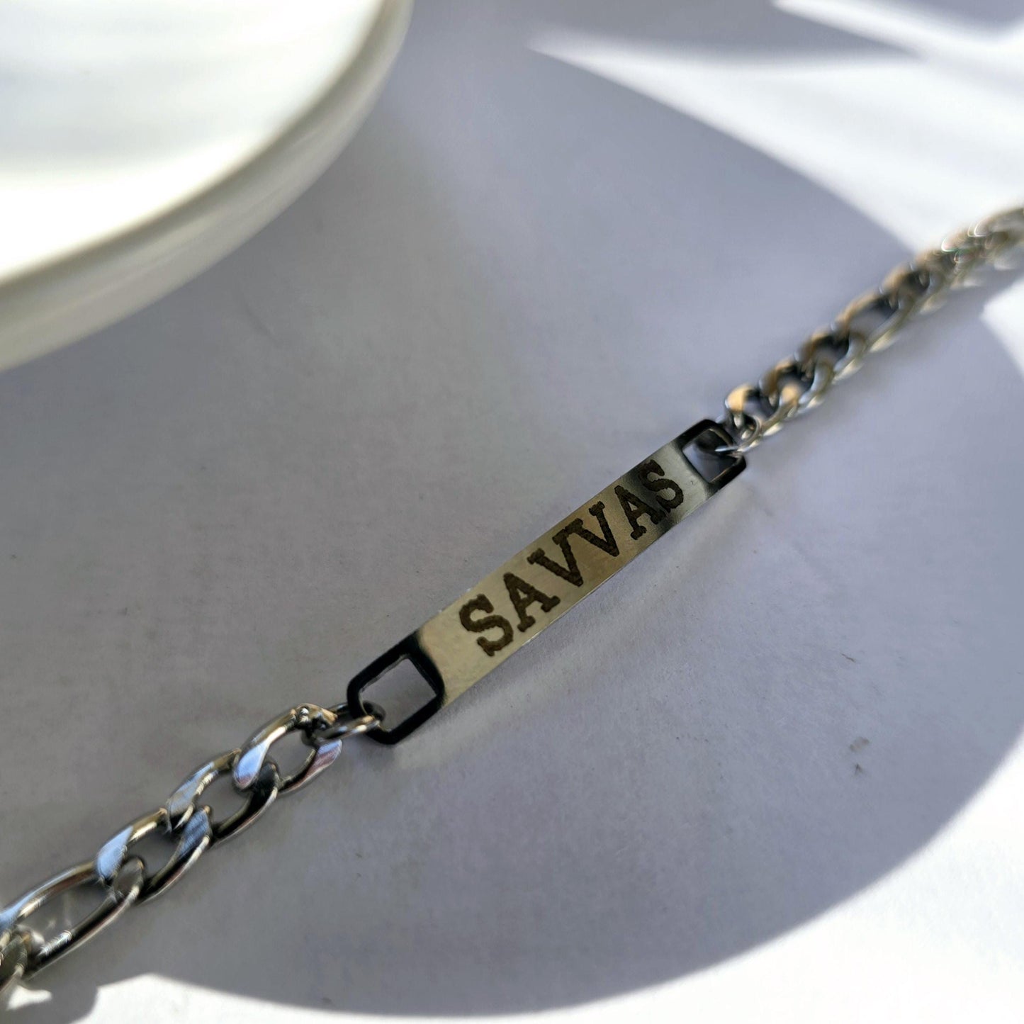 Custom name bracelet with figaro chain stainless steel laser engraved , custom name bracelet gift for mom , Layering bracelet , gift for her