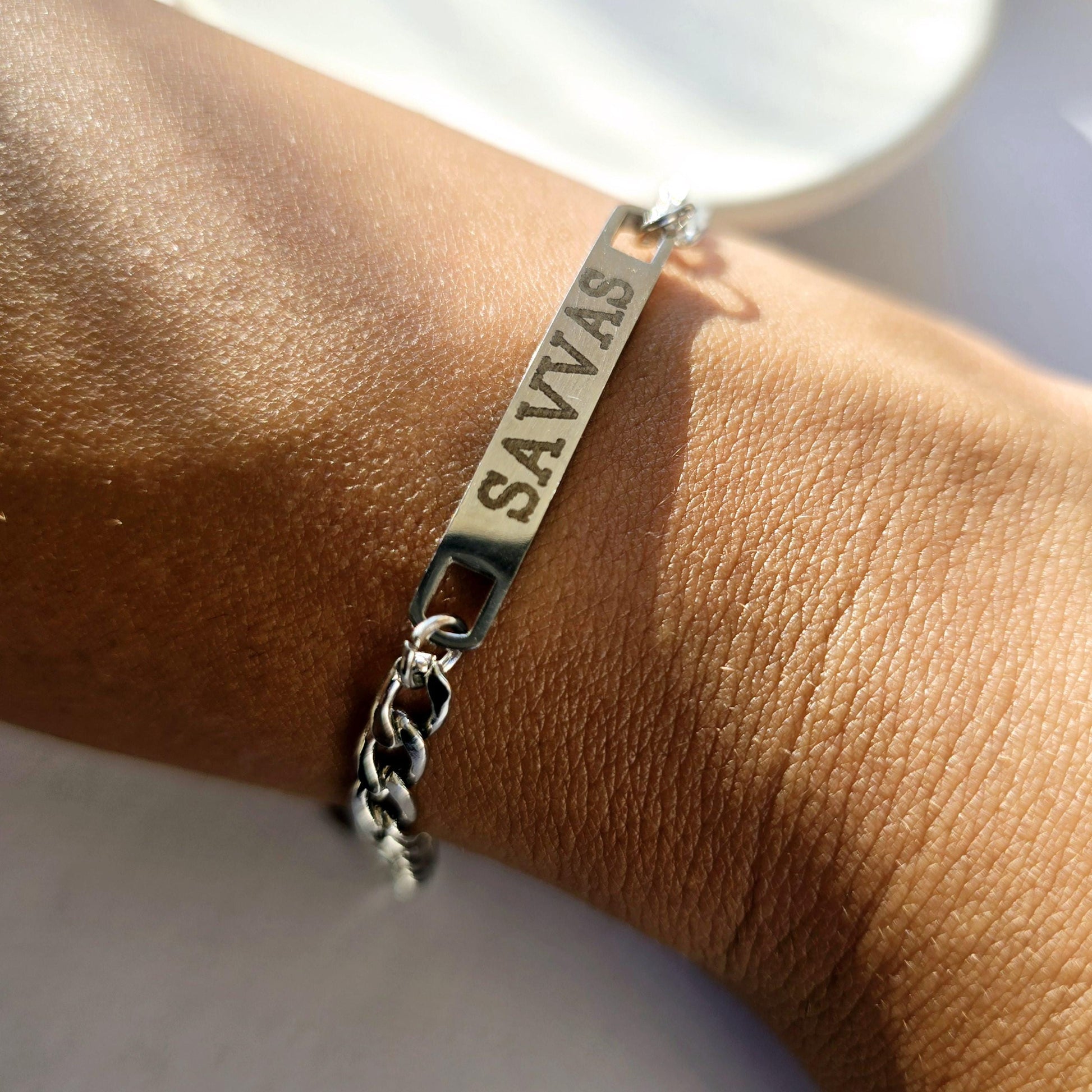 Custom name bracelet with figaro chain stainless steel laser engraved , custom name bracelet gift for mom , Layering bracelet , gift for her