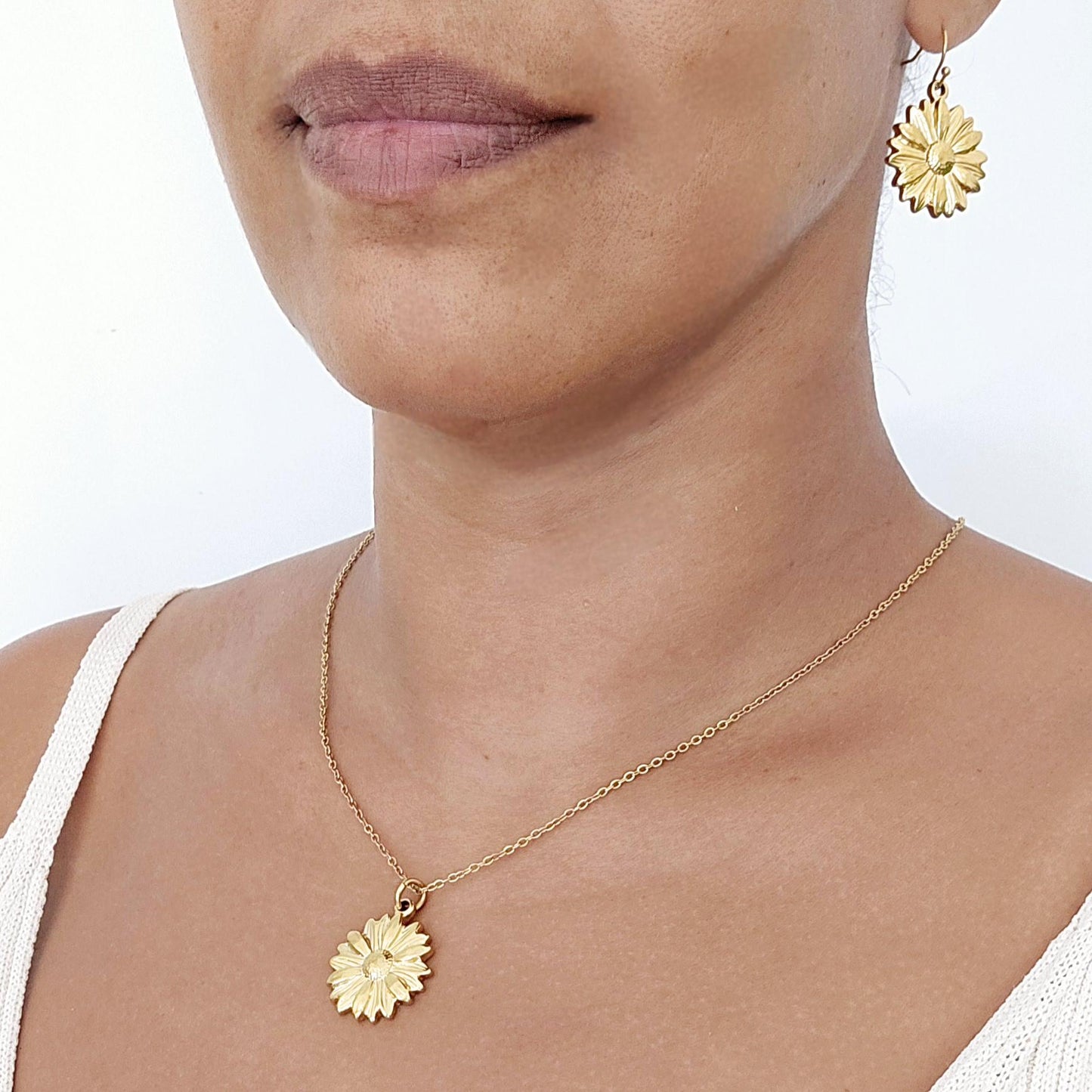 Sunflower dangle earrings gold filled stainless steel and sunflower necklace gold filled waterproof jewelry