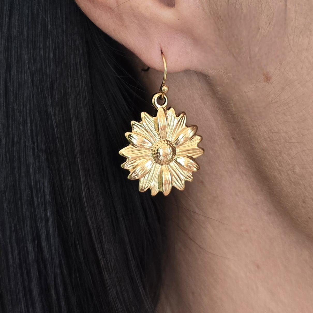 Sunflower dangle earrings gold filled stainless steel and sunflower necklace gold filled waterproof jewelry