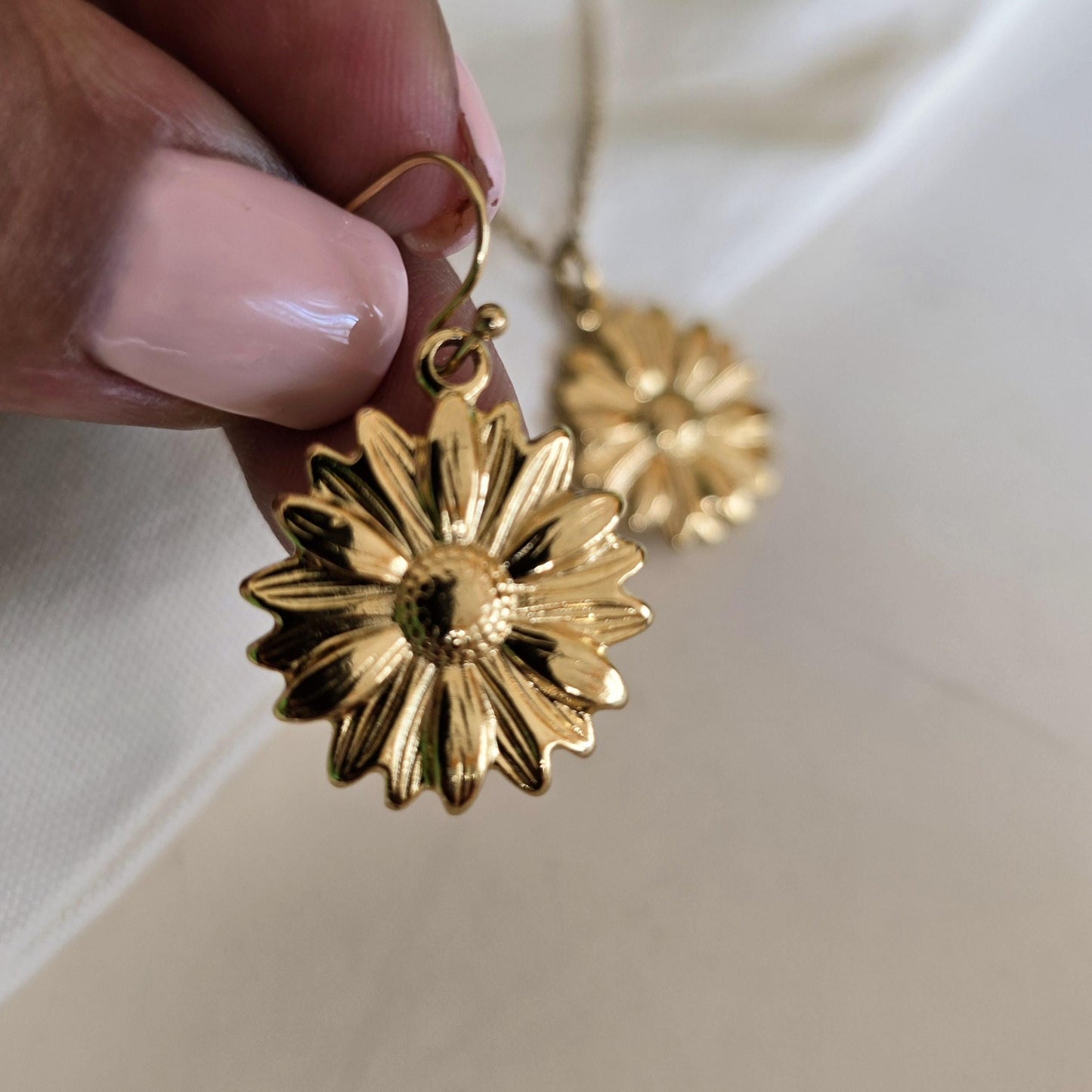 Sunflower dangle earrings gold filled stainless steel and sunflower necklace gold filled waterproof jewelry