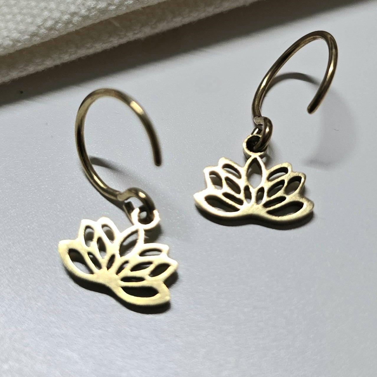 Gold filled Lotus earrings , stainless steel lotus tiny dainty earring hoops , Lotus small earring hoops , wear backwards tiny earring hoops