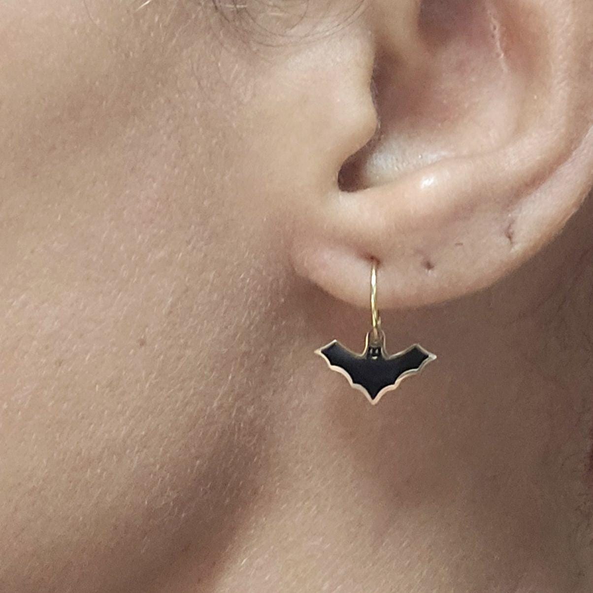 Gold filled Bat earrings , stainless steel Bat tiny dainty earring hoops , Bat small earring hoops , wear backwards tiny earring hoops