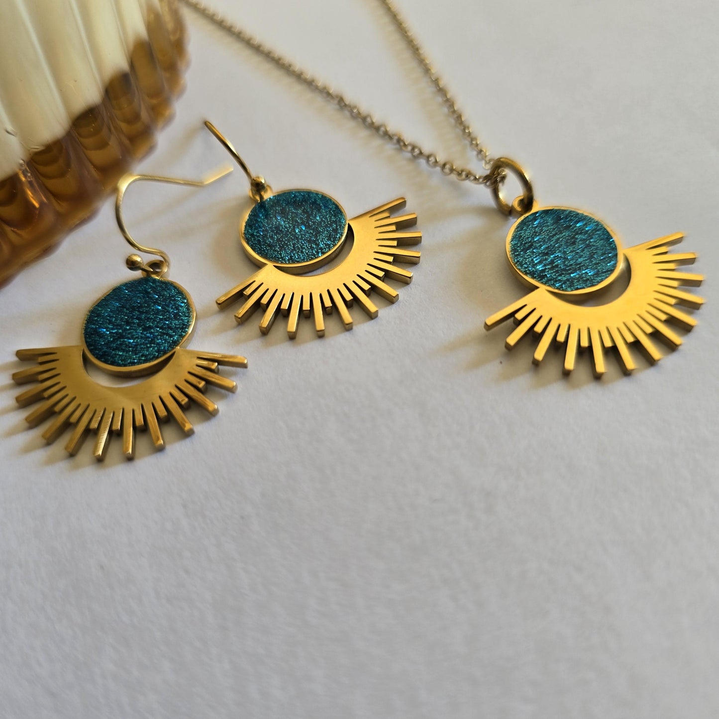 Sun stainless steel gold filled drop earring , Sun earrings and necklace jewelry set with enamel gold filled waterproof