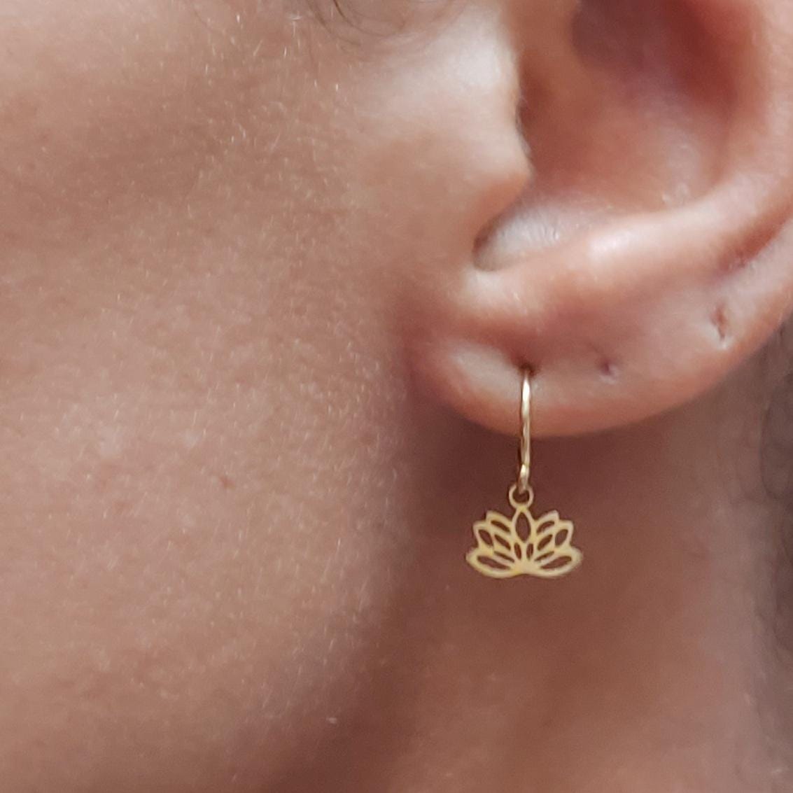 Gold filled Lotus earrings , stainless steel lotus tiny dainty earring hoops , Lotus small earring hoops , wear backwards tiny earring hoops