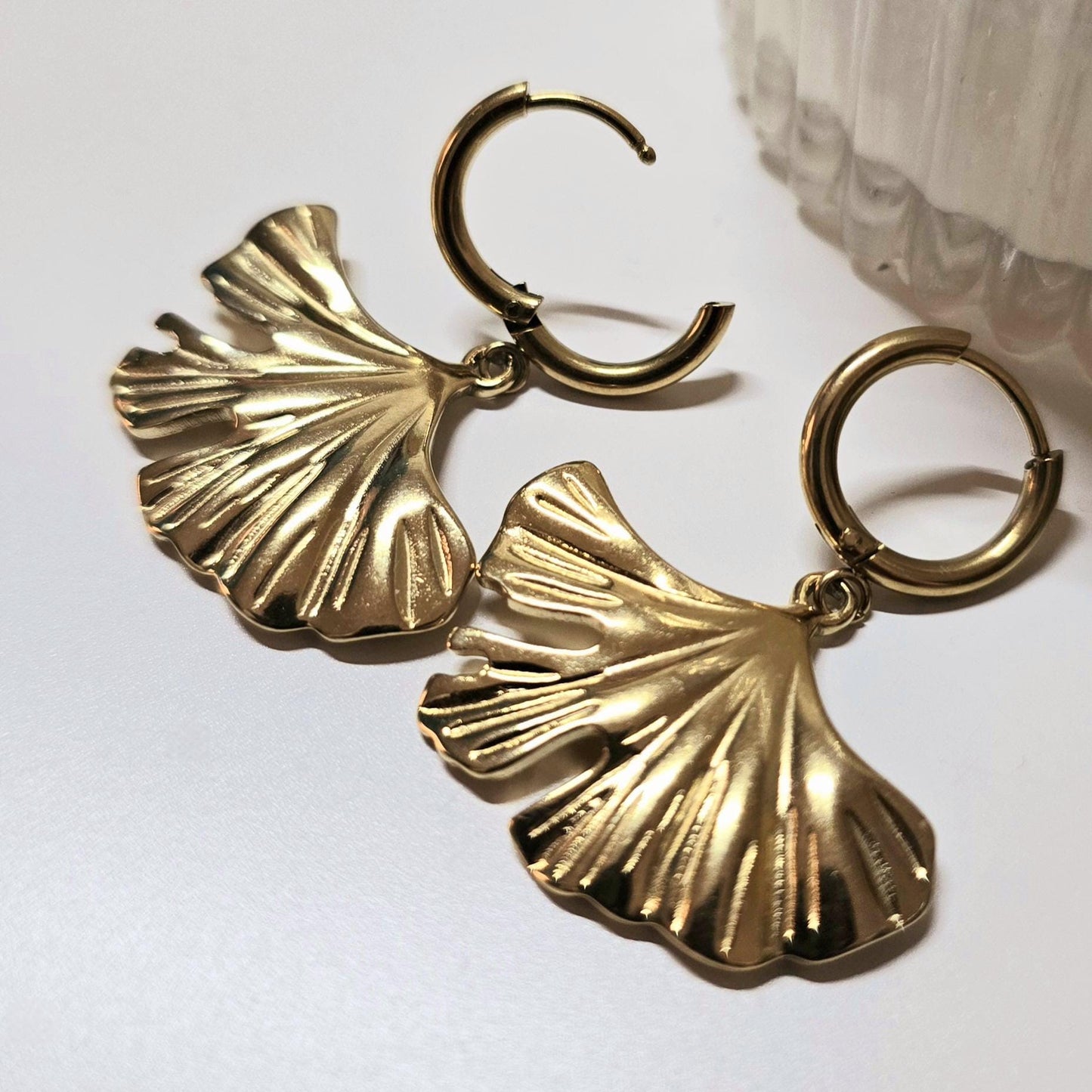 Ginkgo biloba gold stainless steel earring hoops , Flower stainless steel gold filled earrings, Plant lover waterproof tarnish free earrings