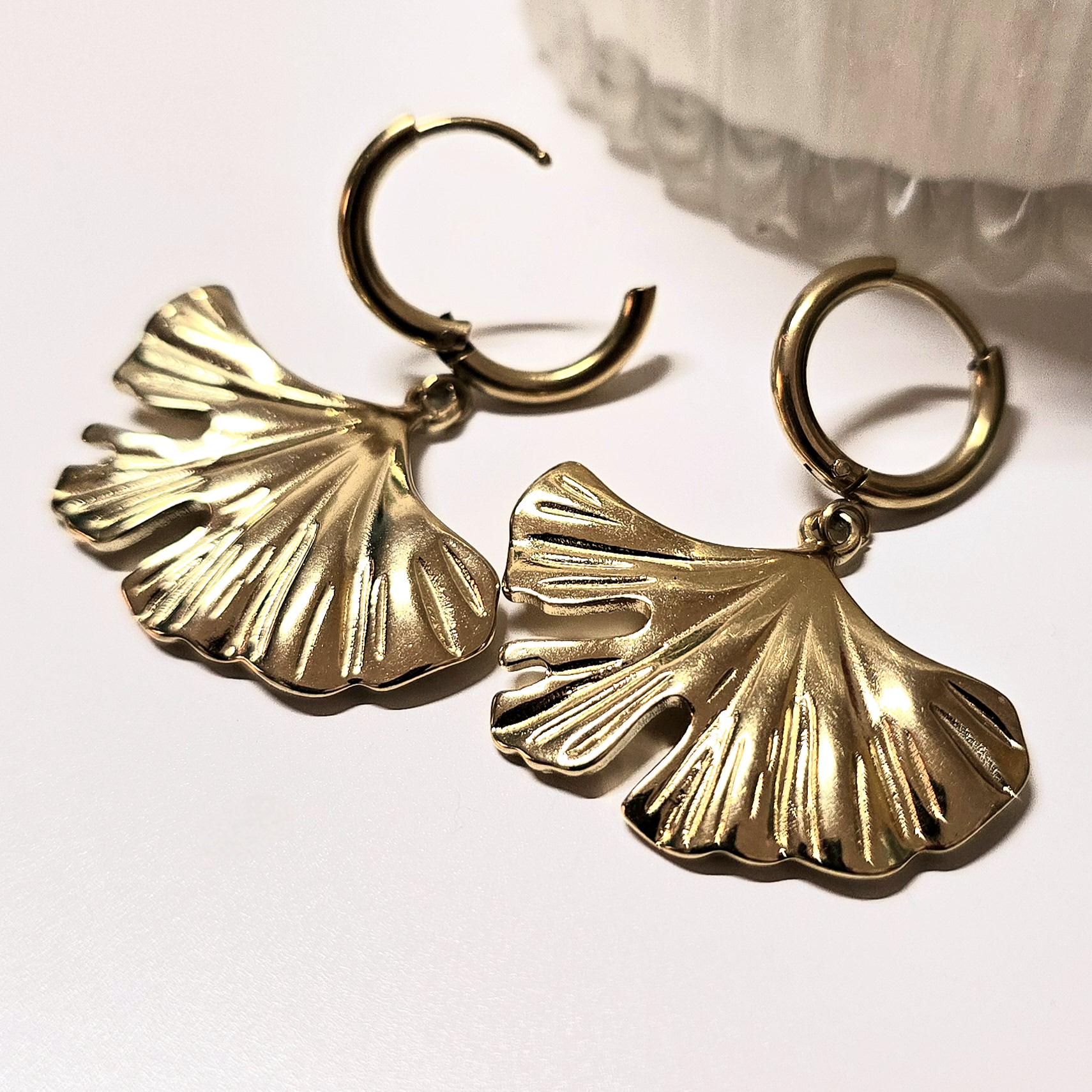 Ginkgo biloba gold stainless steel earring hoops , Flower stainless steel gold filled earrings, Plant lover waterproof tarnish free earrings