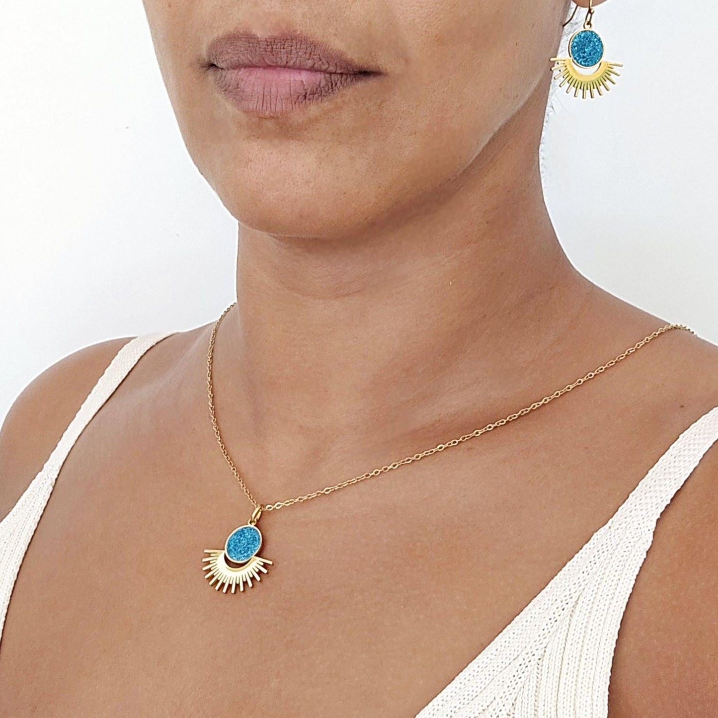 Sun stainless steel gold filled drop earring , Sun earrings and necklace jewelry set with enamel gold filled waterproof