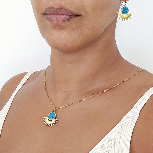 Sun stainless steel gold filled drop earring , Sun earrings and necklace jewelry set with enamel gold filled waterproof