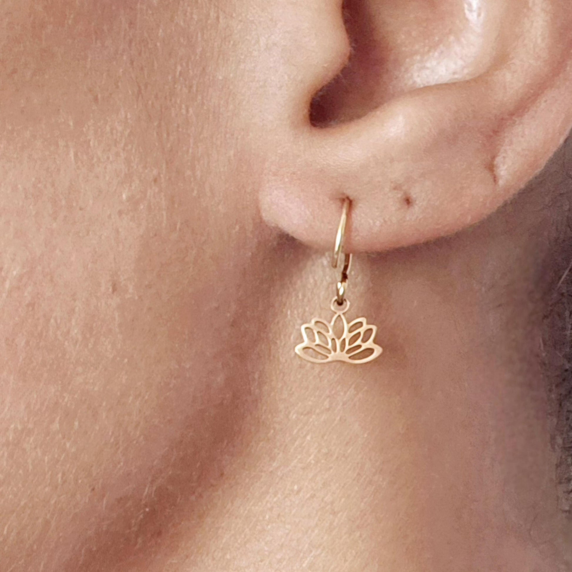 Gold filled Lotus earrings , stainless steel lotus tiny dainty earring hoops , Lotus small earring hoops , wear backwards tiny earring hoops