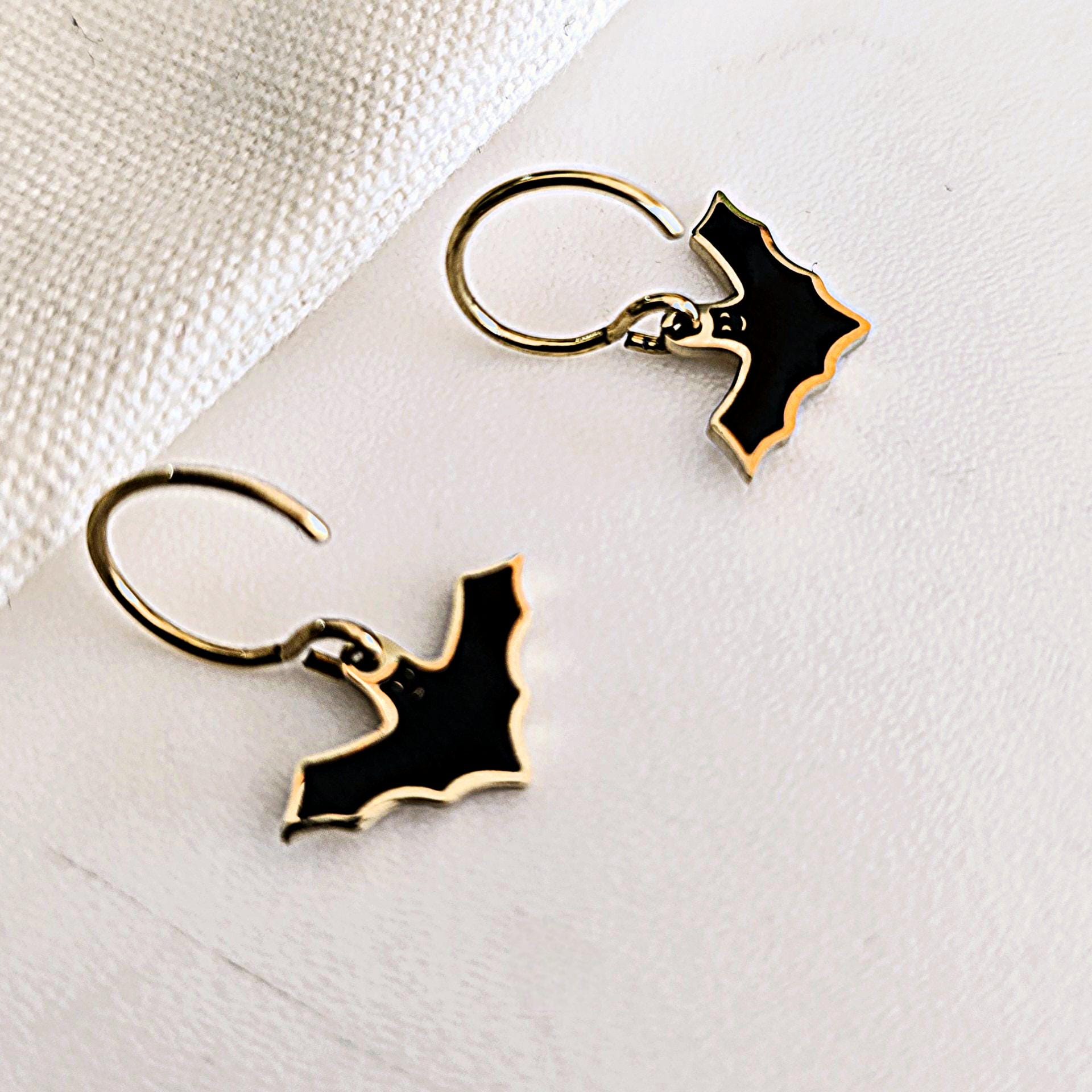 Gold filled Bat earrings , stainless steel Bat tiny dainty earring hoops , Bat small earring hoops , wear backwards tiny earring hoops