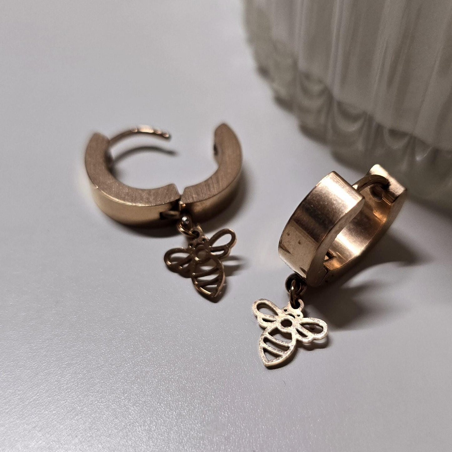 Tiny Bee rose gold stainless steel earring hoops , Bee earrings , rose gold bee earnings , Honey bee earrings , rose gold hoop bee earrings