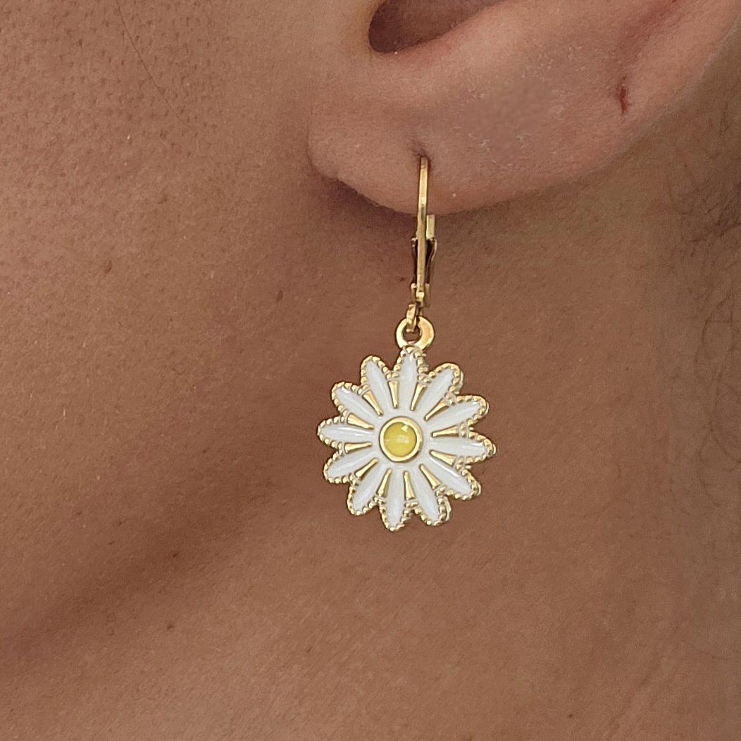 Stainless steel Daisy earrings gold filled enamel hand painted , Floral earrings gift for her , Flower girl earrings