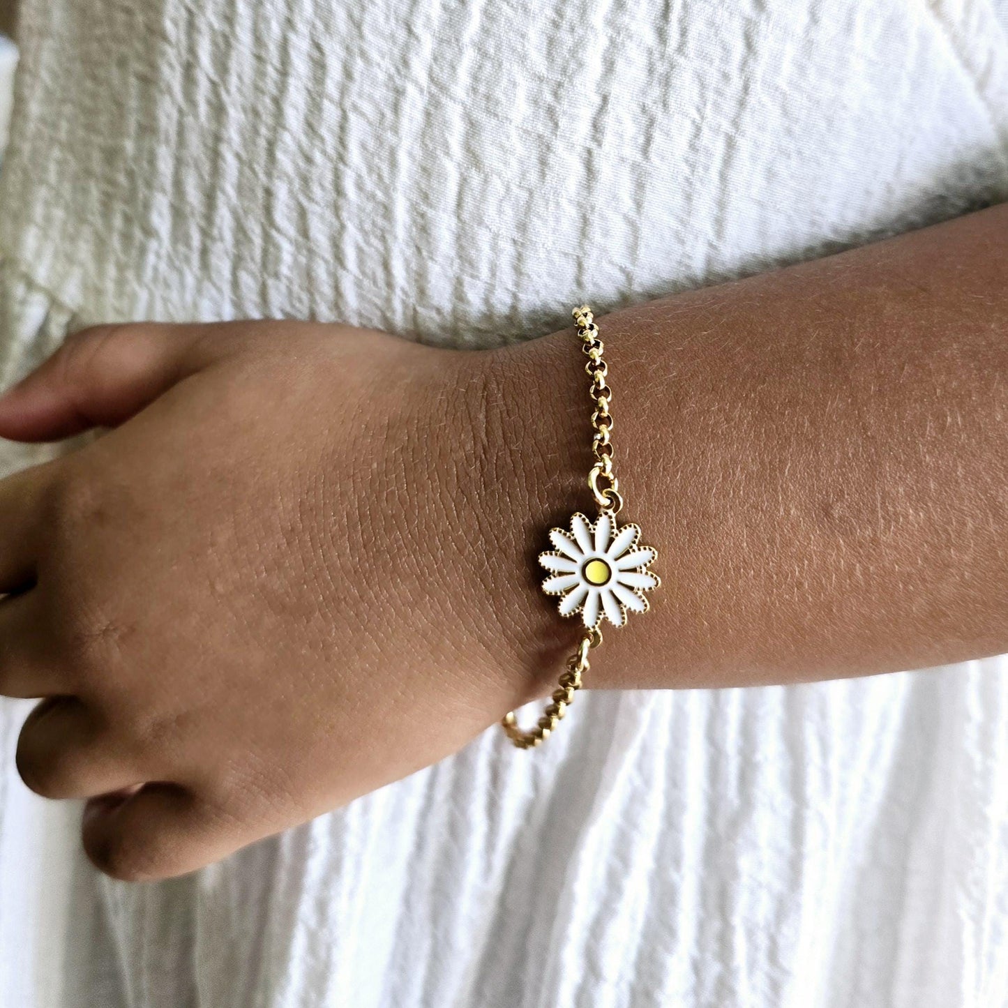 Stainless steel Daisy bracelet gold filled enamel hand painted , Floral bracelet gift for her , Flower girl bracelet