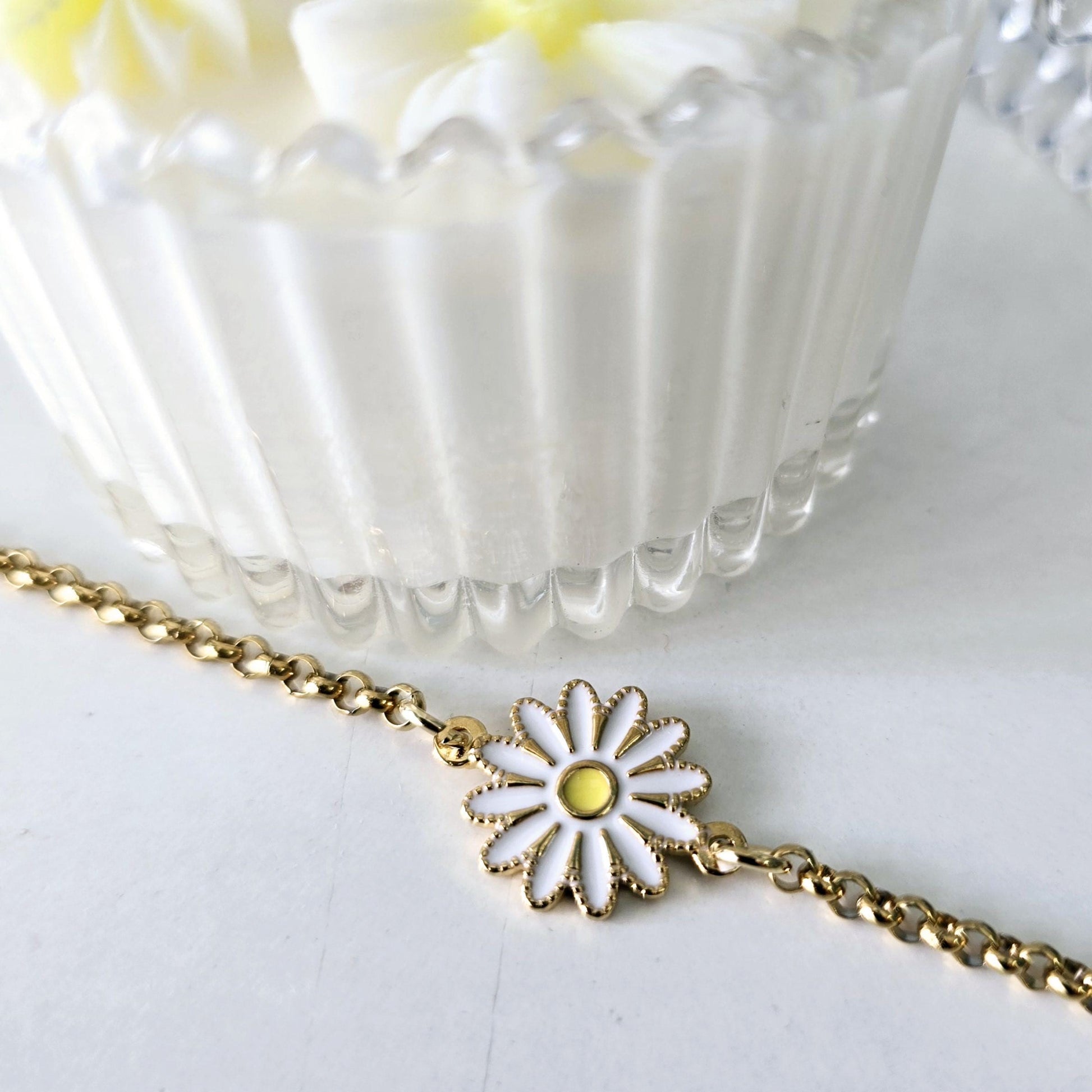 Stainless steel Daisy bracelet gold filled enamel hand painted , Floral bracelet gift for her , Flower girl bracelet