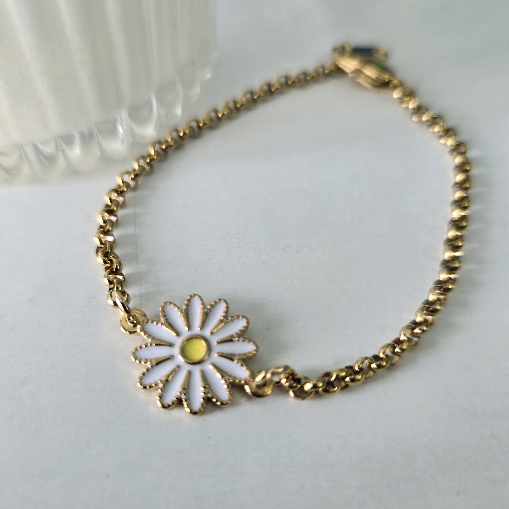 Stainless steel Daisy bracelet gold filled enamel hand painted , Floral bracelet gift for her , Flower girl bracelet