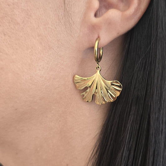 Ginkgo biloba gold stainless steel earring hoops , Flower stainless steel gold filled earrings, Plant lover waterproof tarnish free earrings