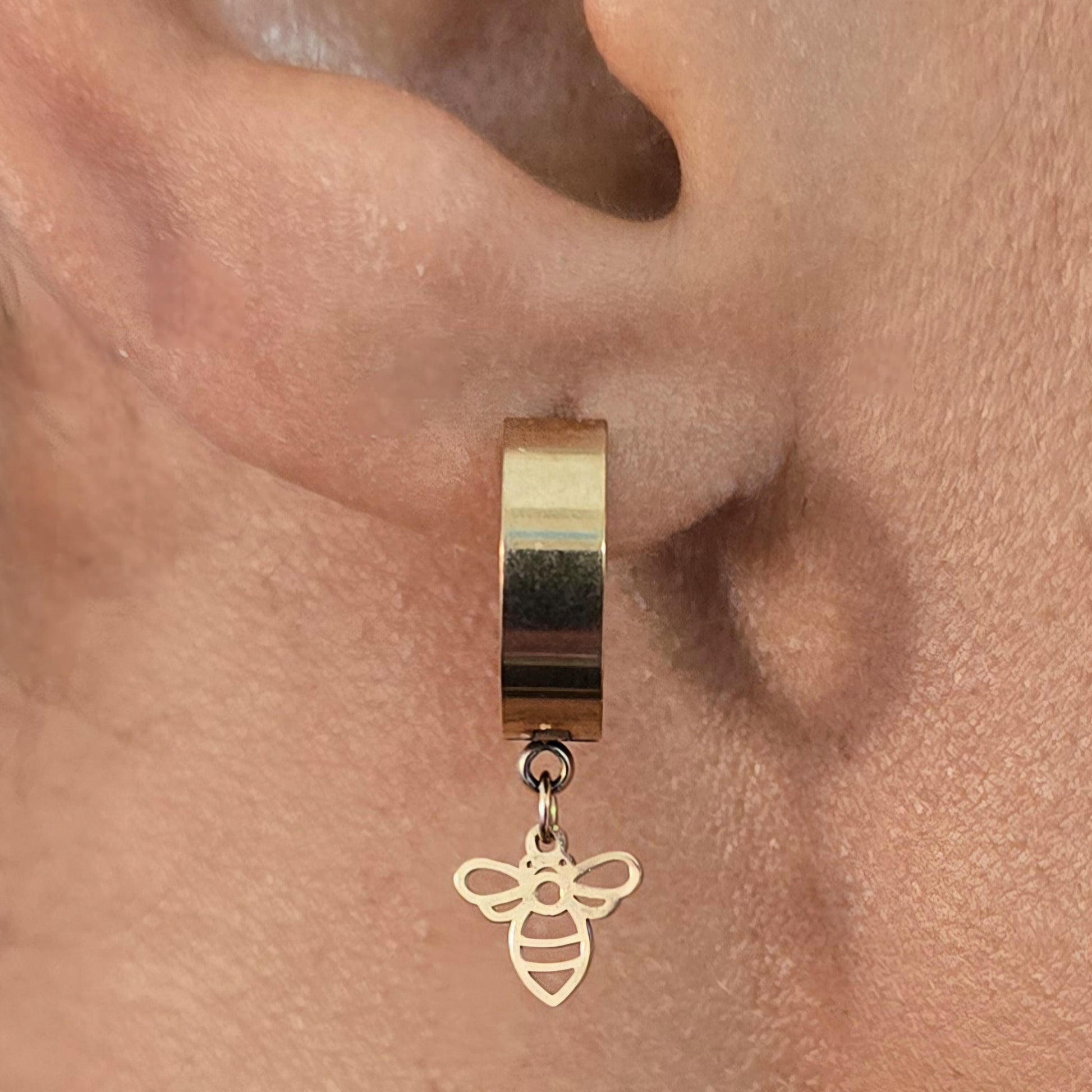 Tiny Bee rose gold stainless steel earring hoops , Bee earrings , rose gold bee earnings , Honey bee earrings , rose gold hoop bee earrings